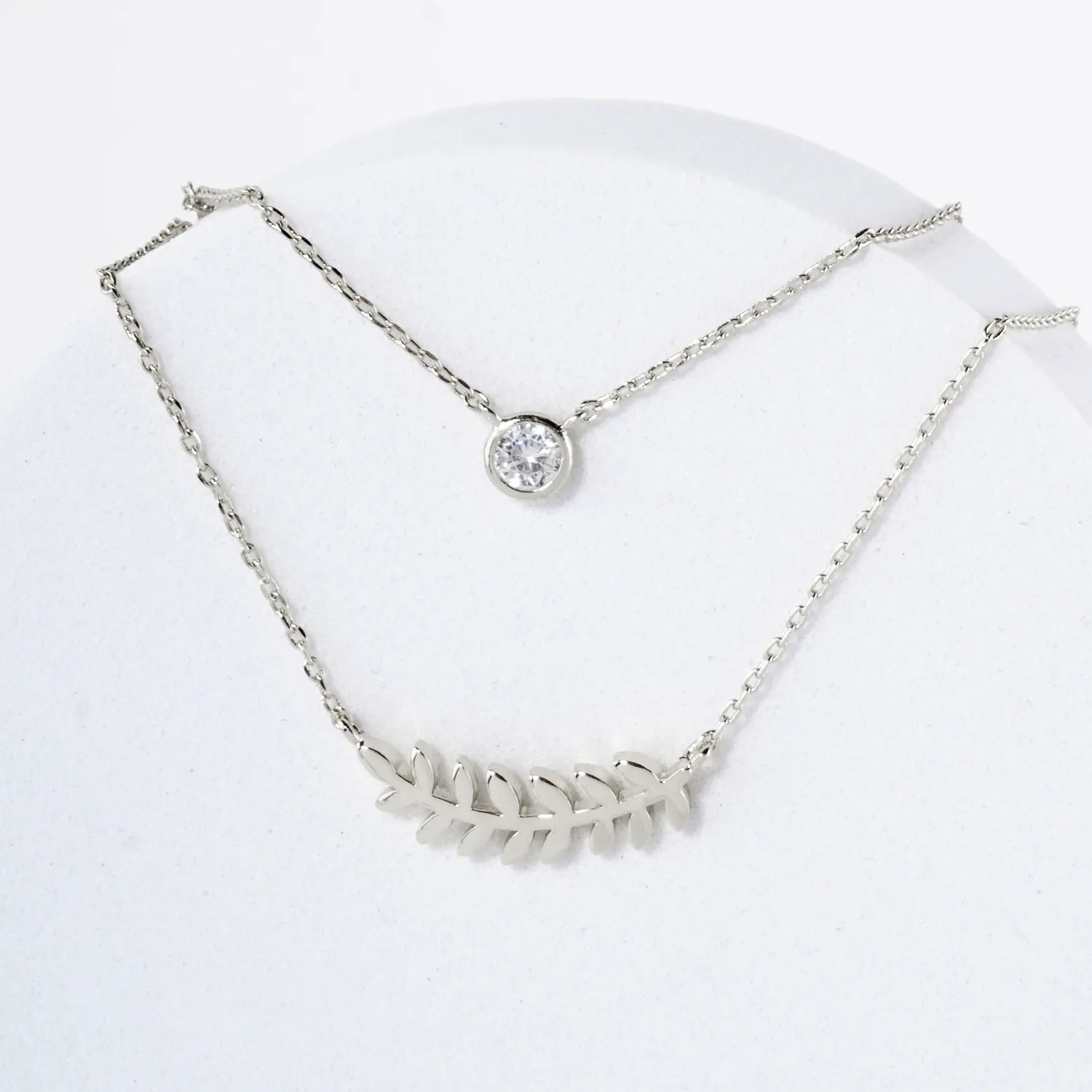 CZ Sideways Leaf Pendant 18K-Gold-Dipped Layered Necklace