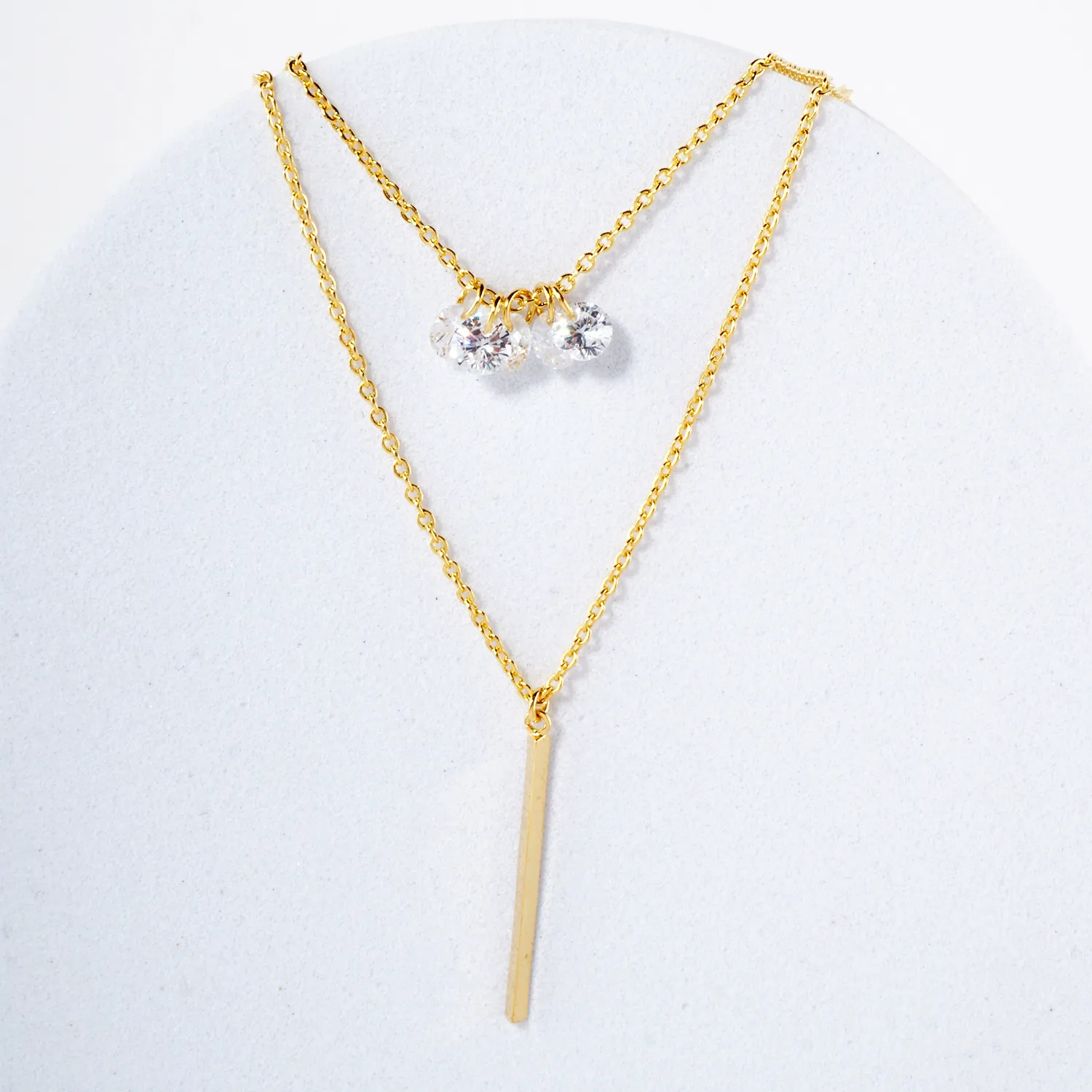 Minimalist Brass Bar CZ Stones 18K-Gold-Dipped Layered Necklace