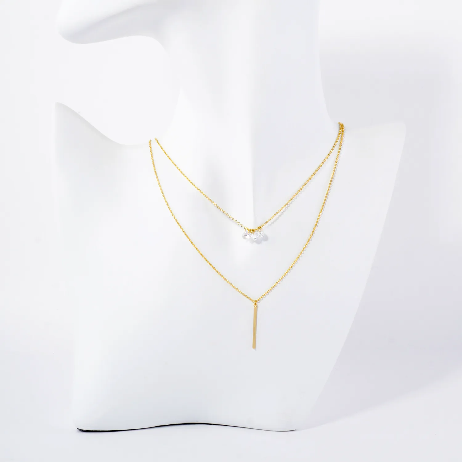 Minimalist Brass Bar CZ Stones 18K-Gold-Dipped Layered Necklace