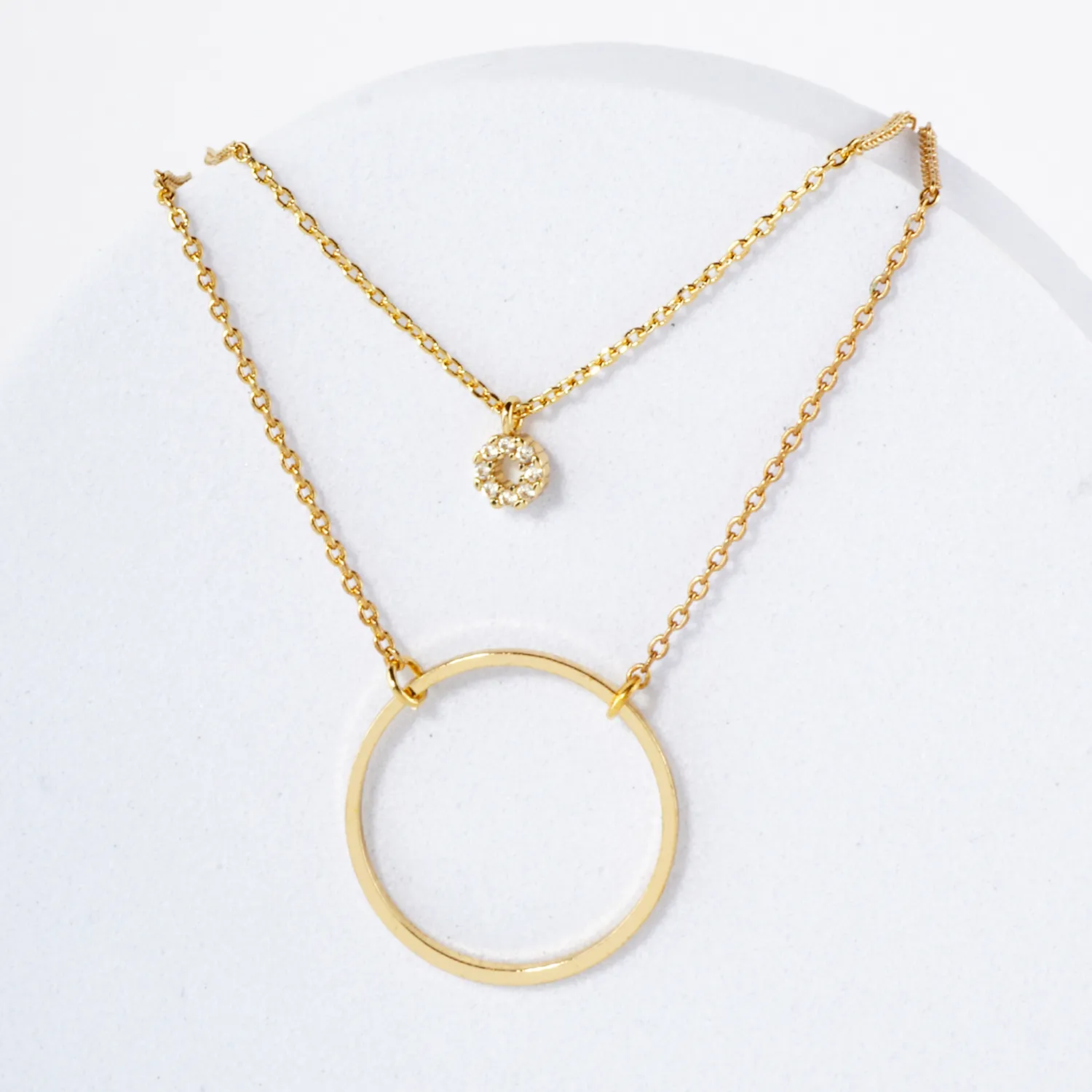 Minimalist CZ Circle Pendant 18K-Gold-Dipped Layered Necklace
