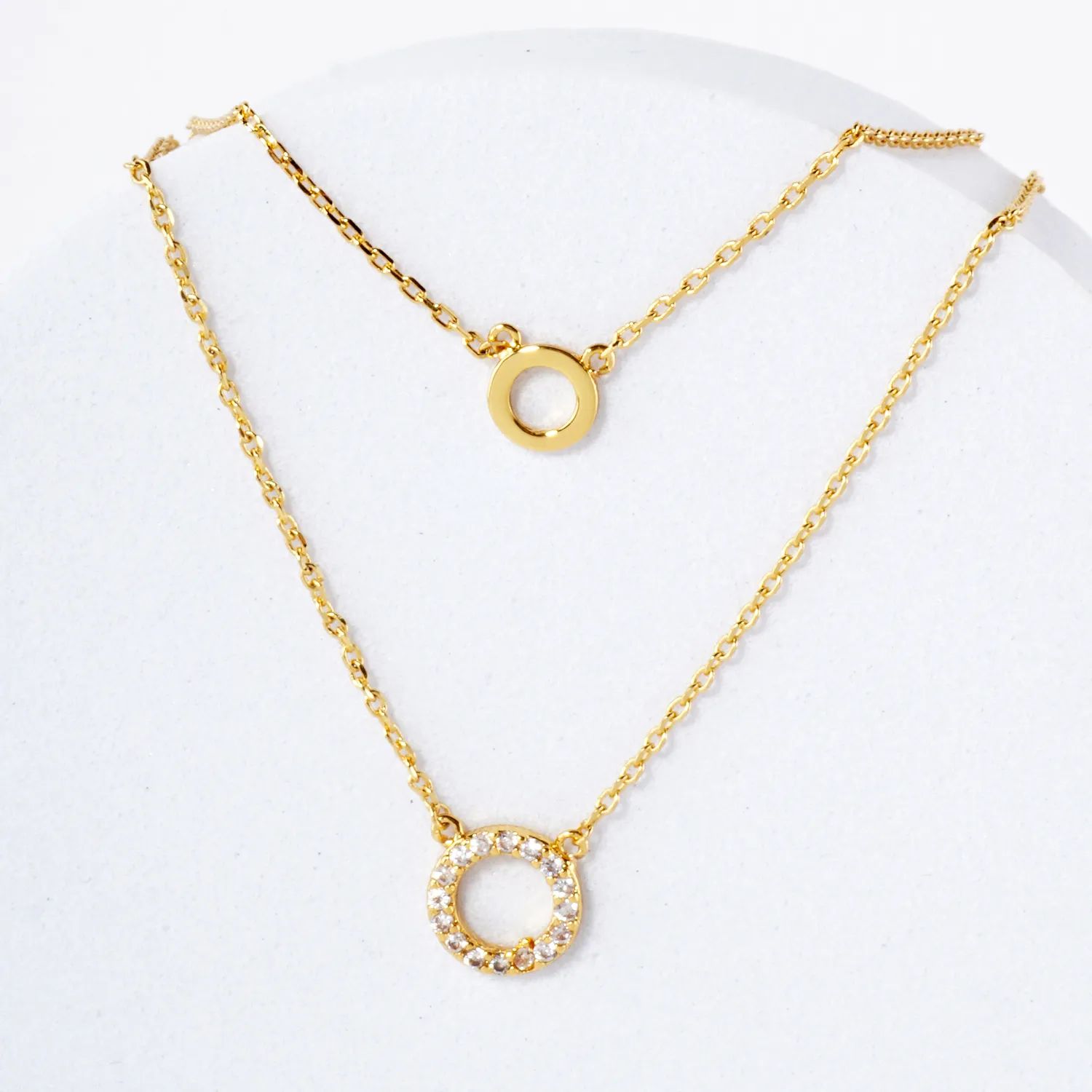 Pave-Set CZ Double Circle Pendant 18K-Gold-Dipped Layered Necklace