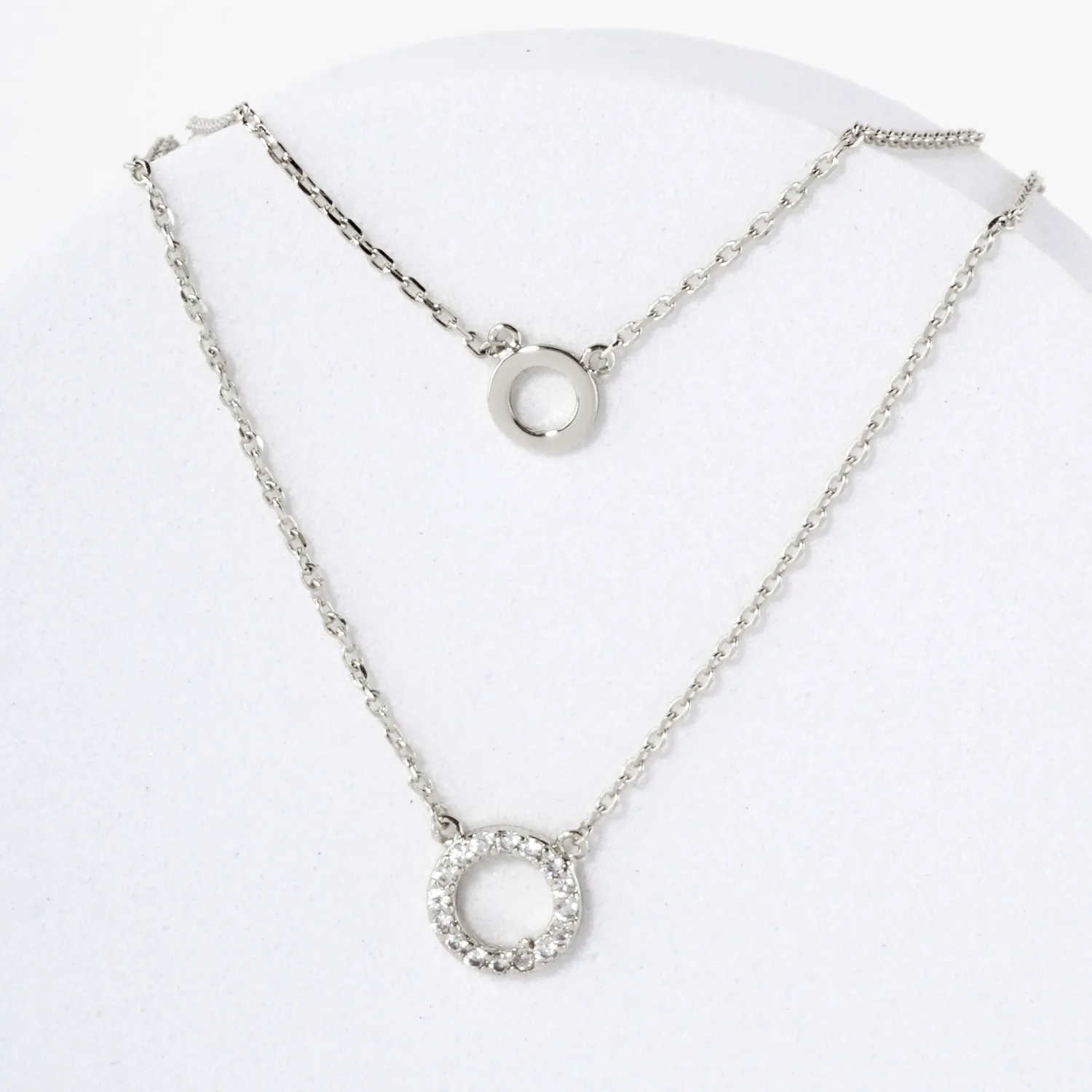 Pave-Set CZ Double Circle Pendant 18K-Gold-Dipped Layered Necklace