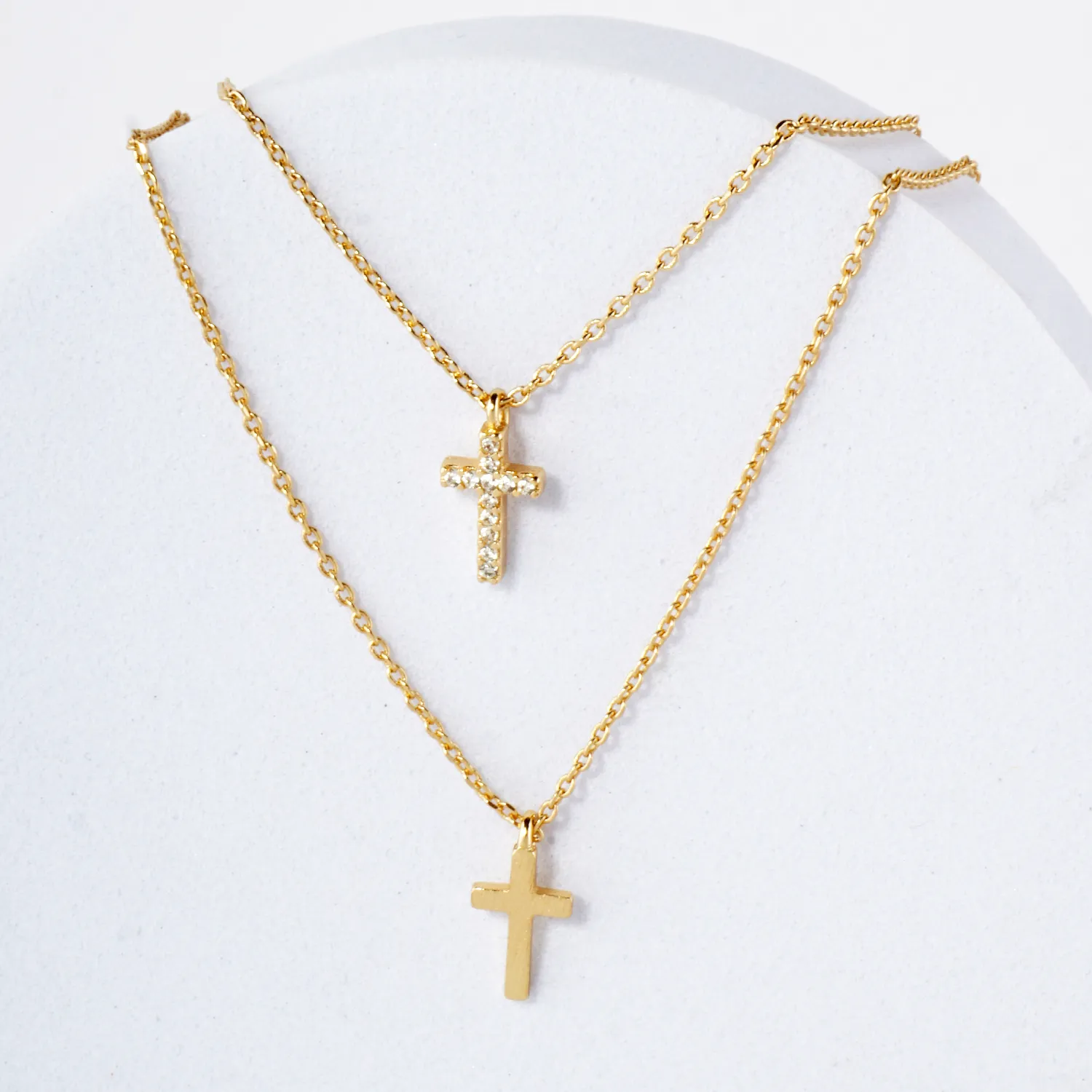 Pave-Set CZ Double Cross Pendant 18K-Gold-Dipped Layered Necklace