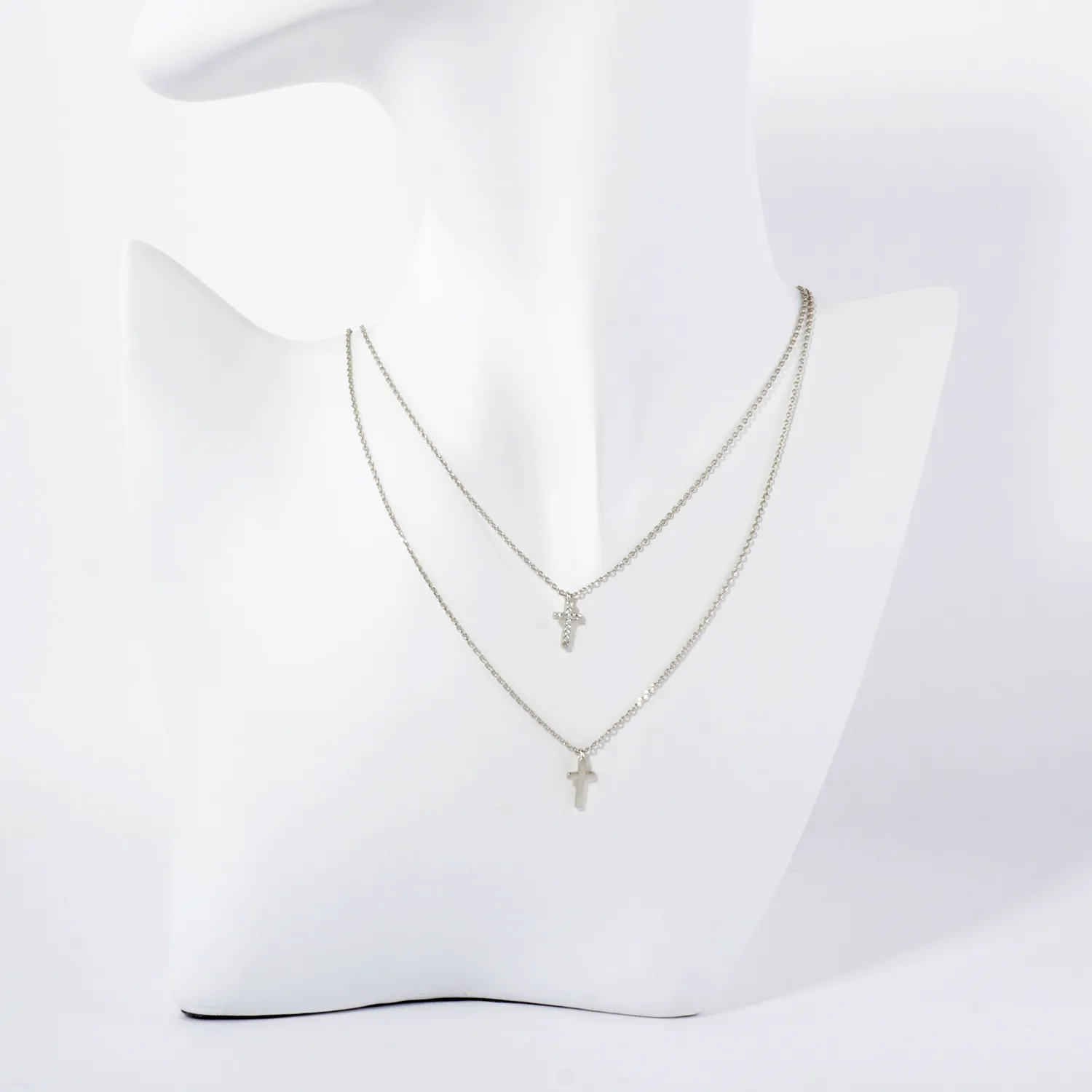 Pave-Set CZ Double Cross Pendant 18K-Gold-Dipped Layered Necklace