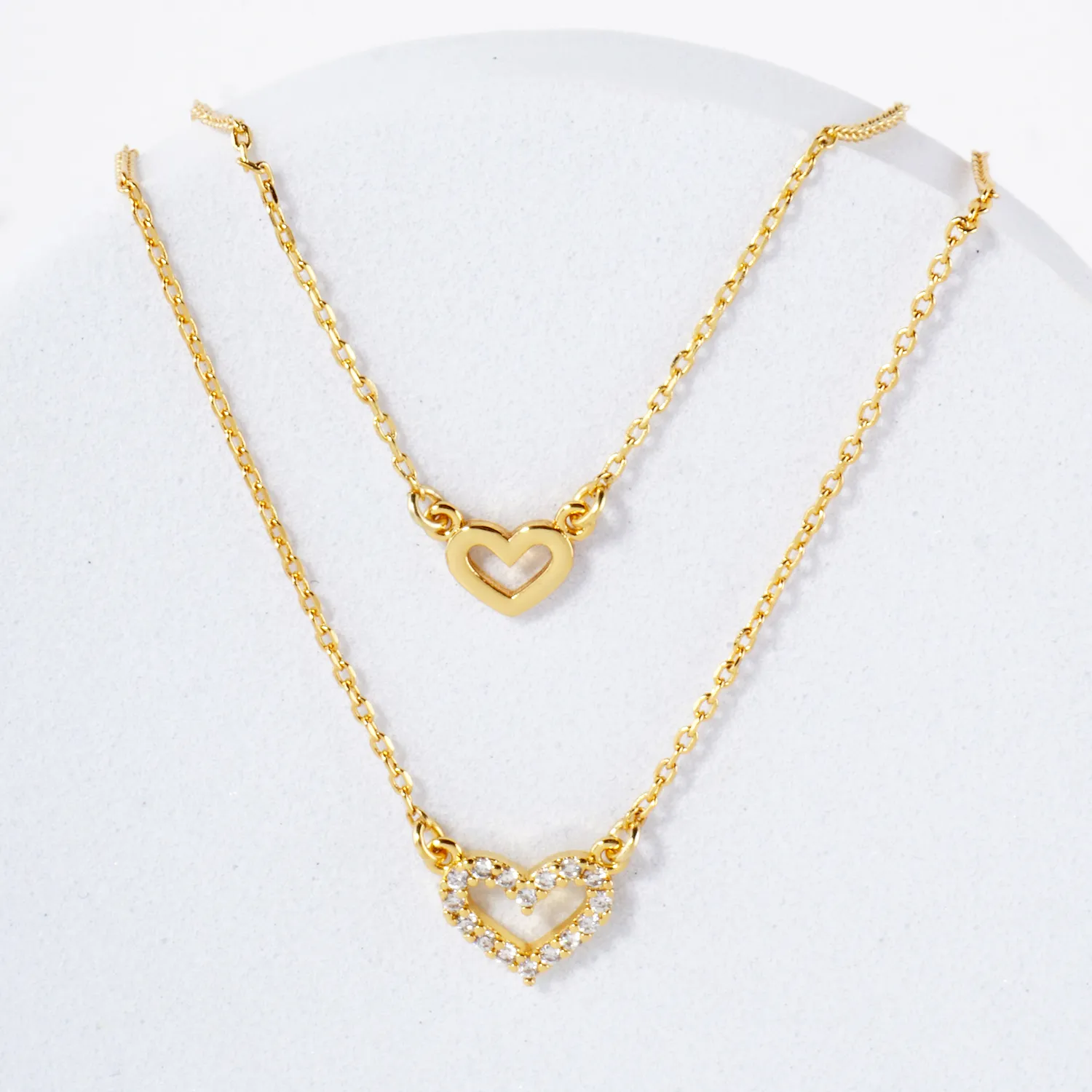 Pave-Set CZ Double Heart Pendant 18K-Gold-Dipped Layered Necklace