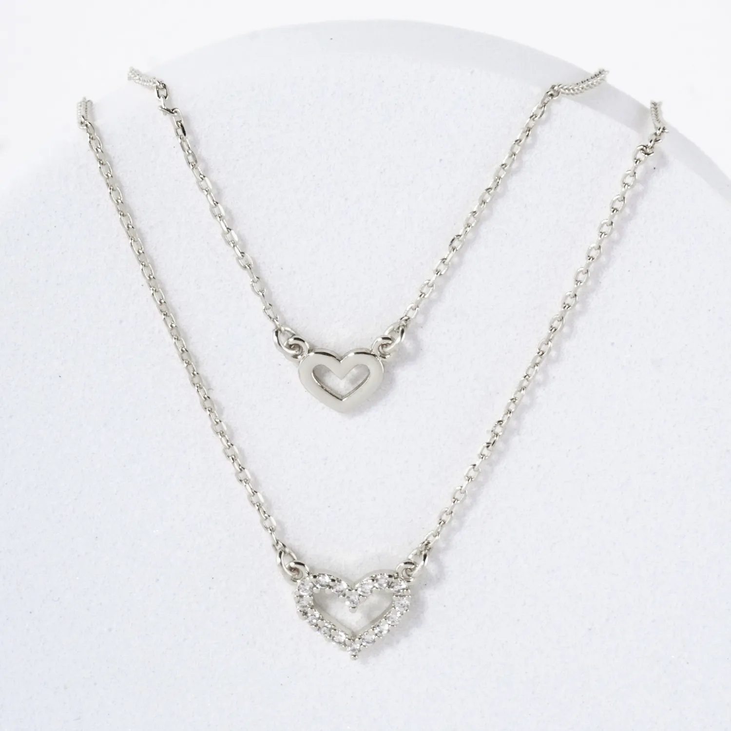 Pave-Set CZ Double Heart Pendant 18K-Gold-Dipped Layered Necklace