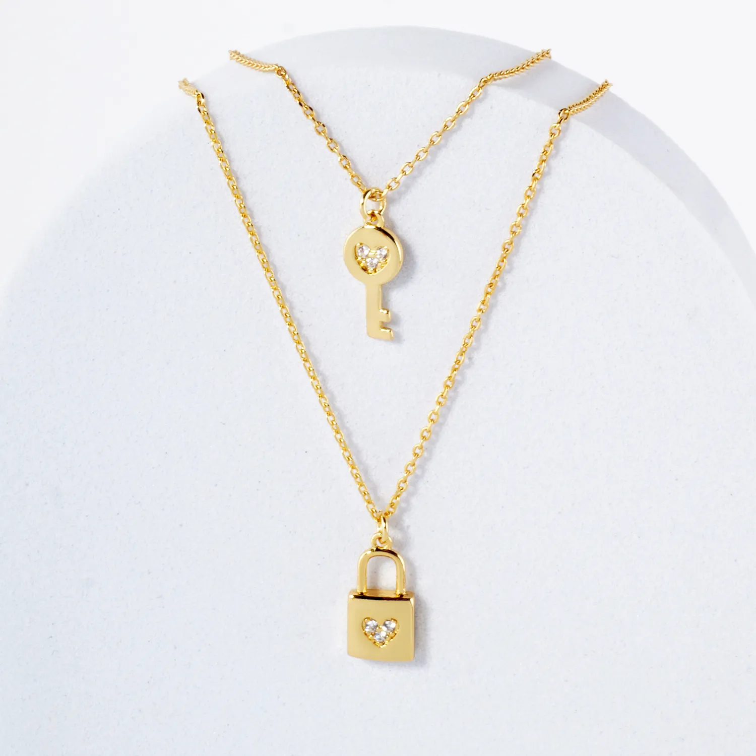 Pave-Set CZ Heart Padlock and Key Pendant 18K-Gold-Dipped Layered Necklace