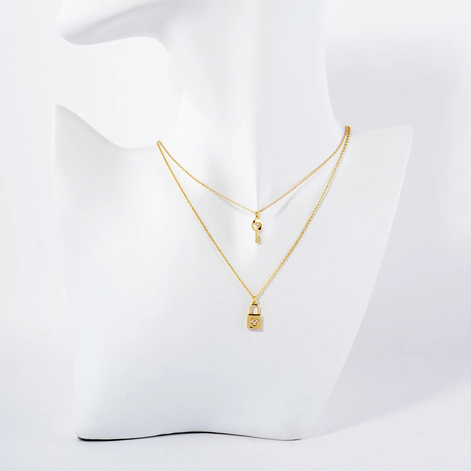 Pave-Set CZ Heart Padlock and Key Pendant 18K-Gold-Dipped Layered Necklace