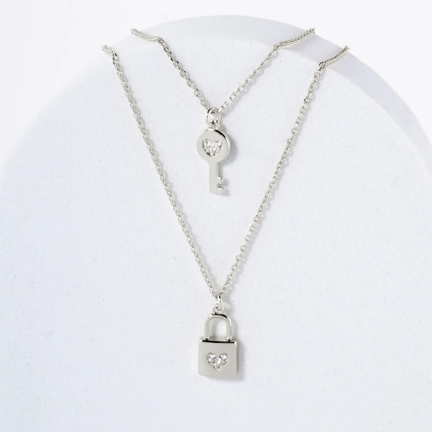 Pave-Set CZ Heart Padlock and Key Pendant 18K-Gold-Dipped Layered Necklace