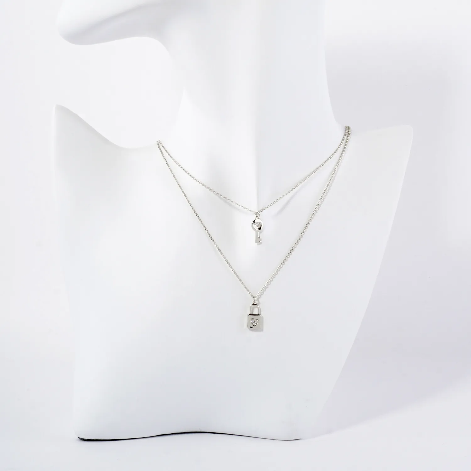 Pave-Set CZ Heart Padlock and Key Pendant 18K-Gold-Dipped Layered Necklace
