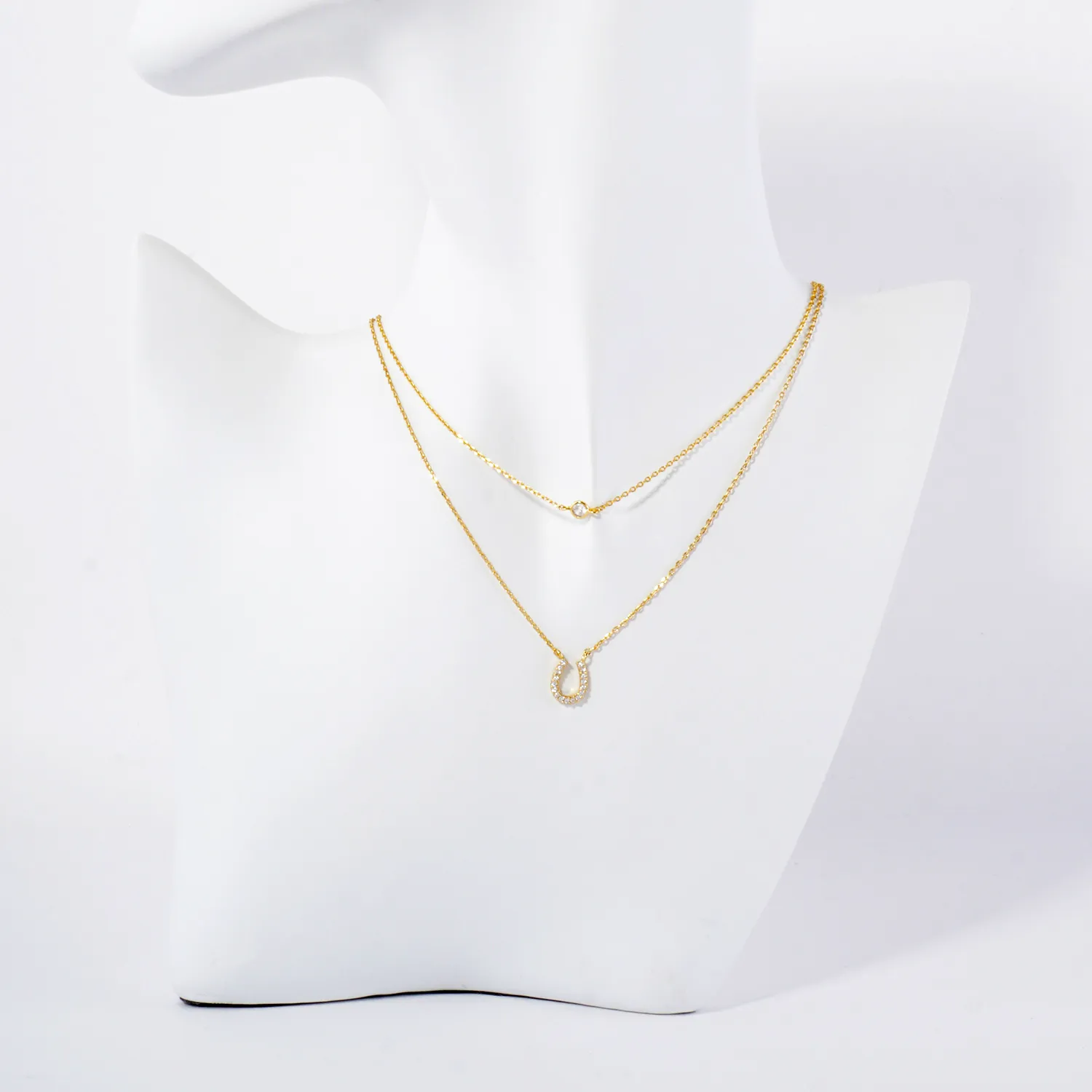 Pave-Set CZ Horseshoe Pendant 18K-Gold-Dipped Layered Necklace