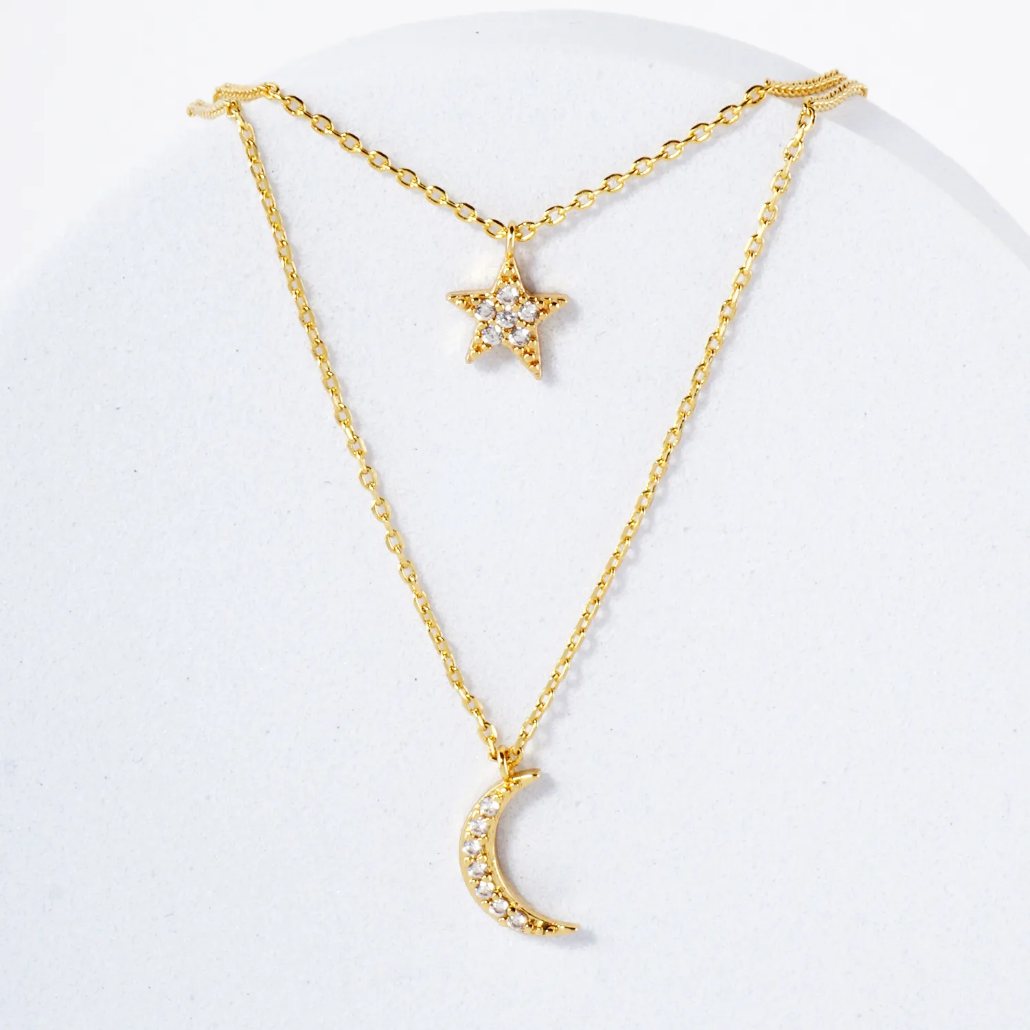 Pave-Set CZ Star Moon Pendant 18K-Gold-Dipped Layered Necklace