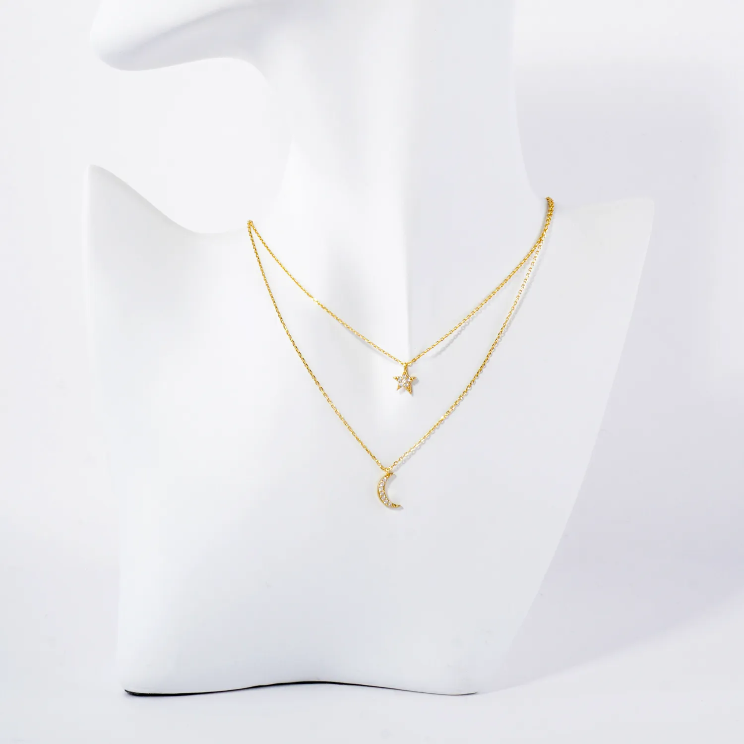 Pave-Set CZ Star Moon Pendant 18K-Gold-Dipped Layered Necklace