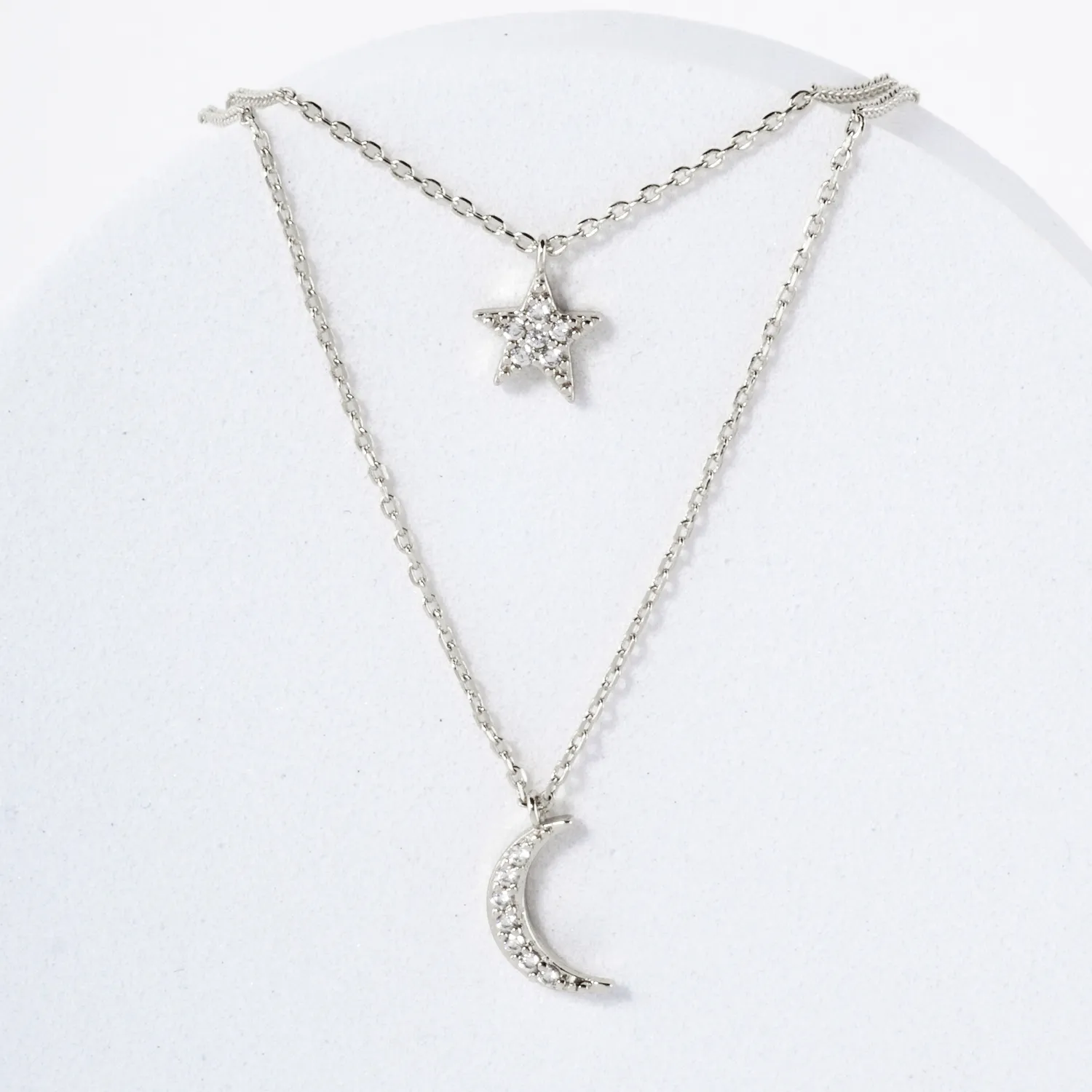 Pave-Set CZ Star Moon Pendant 18K-Gold-Dipped Layered Necklace
