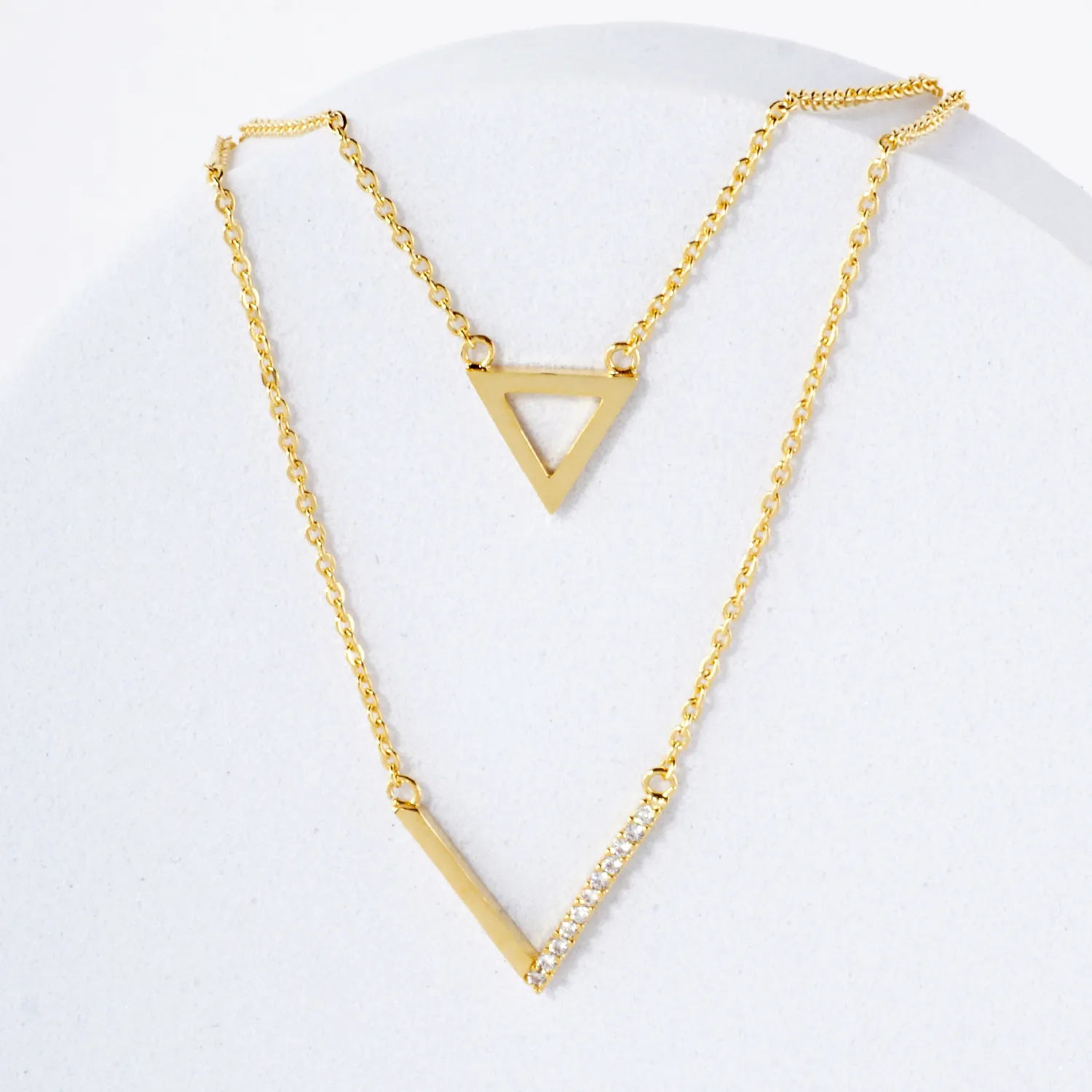 Pave-Set CZ Triangle Geometric Pendant 18K-Gold-Dipped Layered Necklace