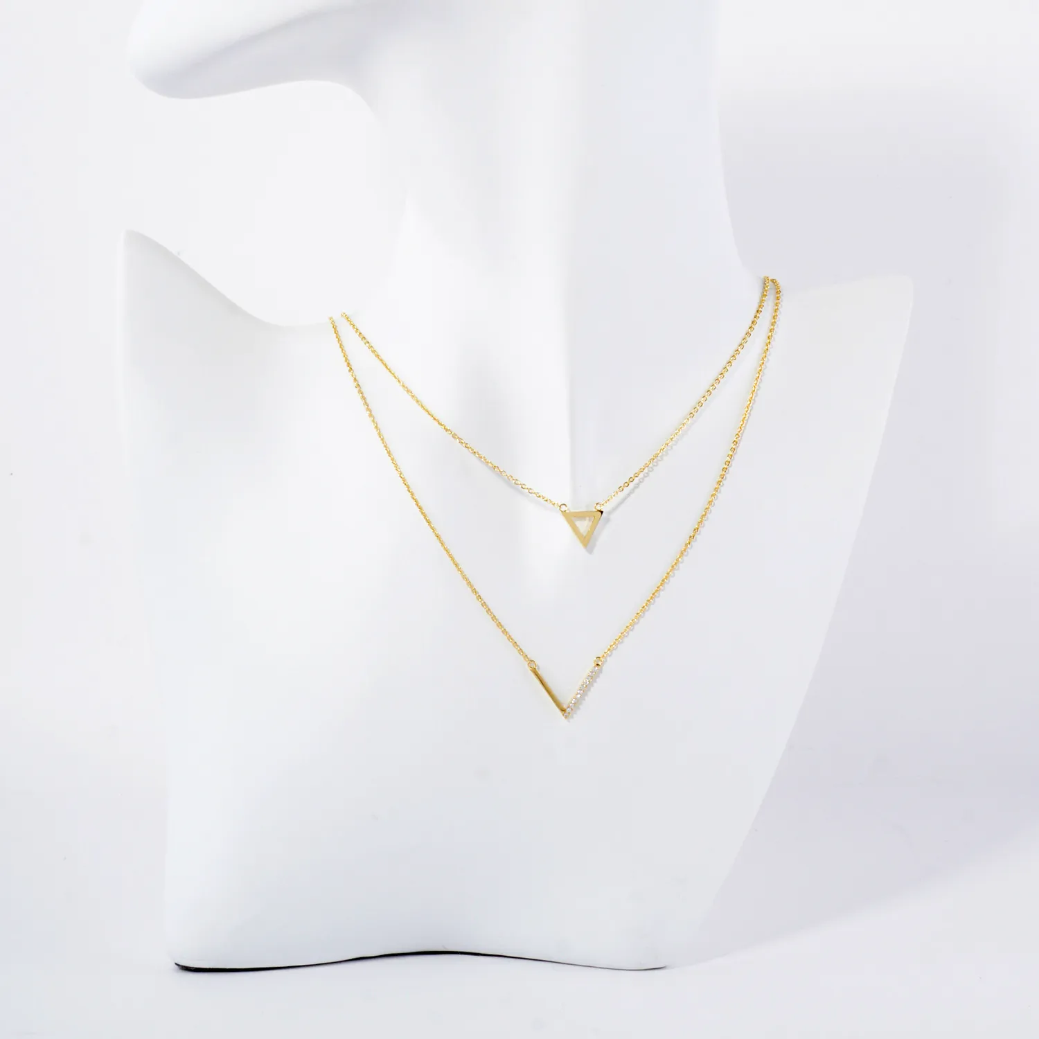 Pave-Set CZ Triangle Geometric Pendant 18K-Gold-Dipped Layered Necklace