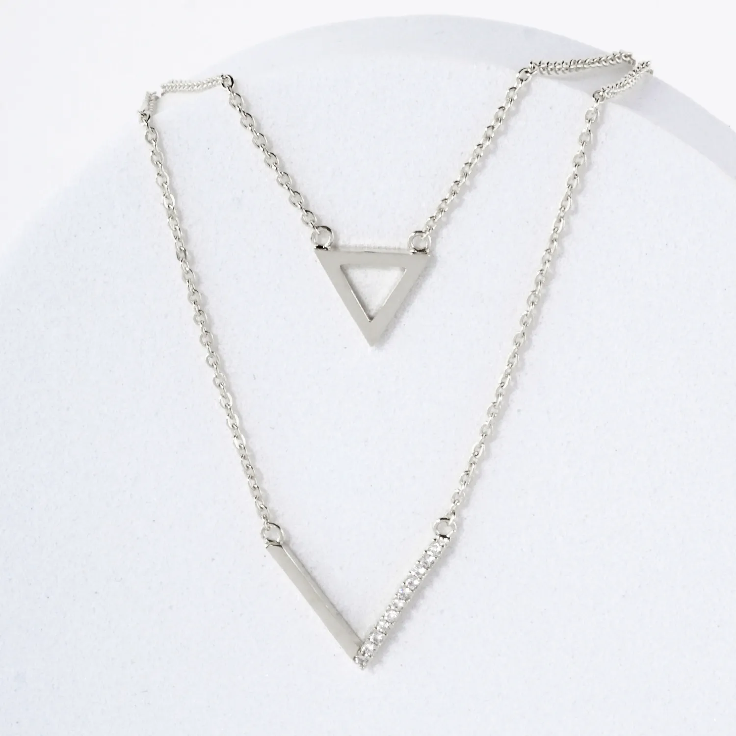 Pave-Set CZ Triangle Geometric Pendant 18K-Gold-Dipped Layered Necklace
