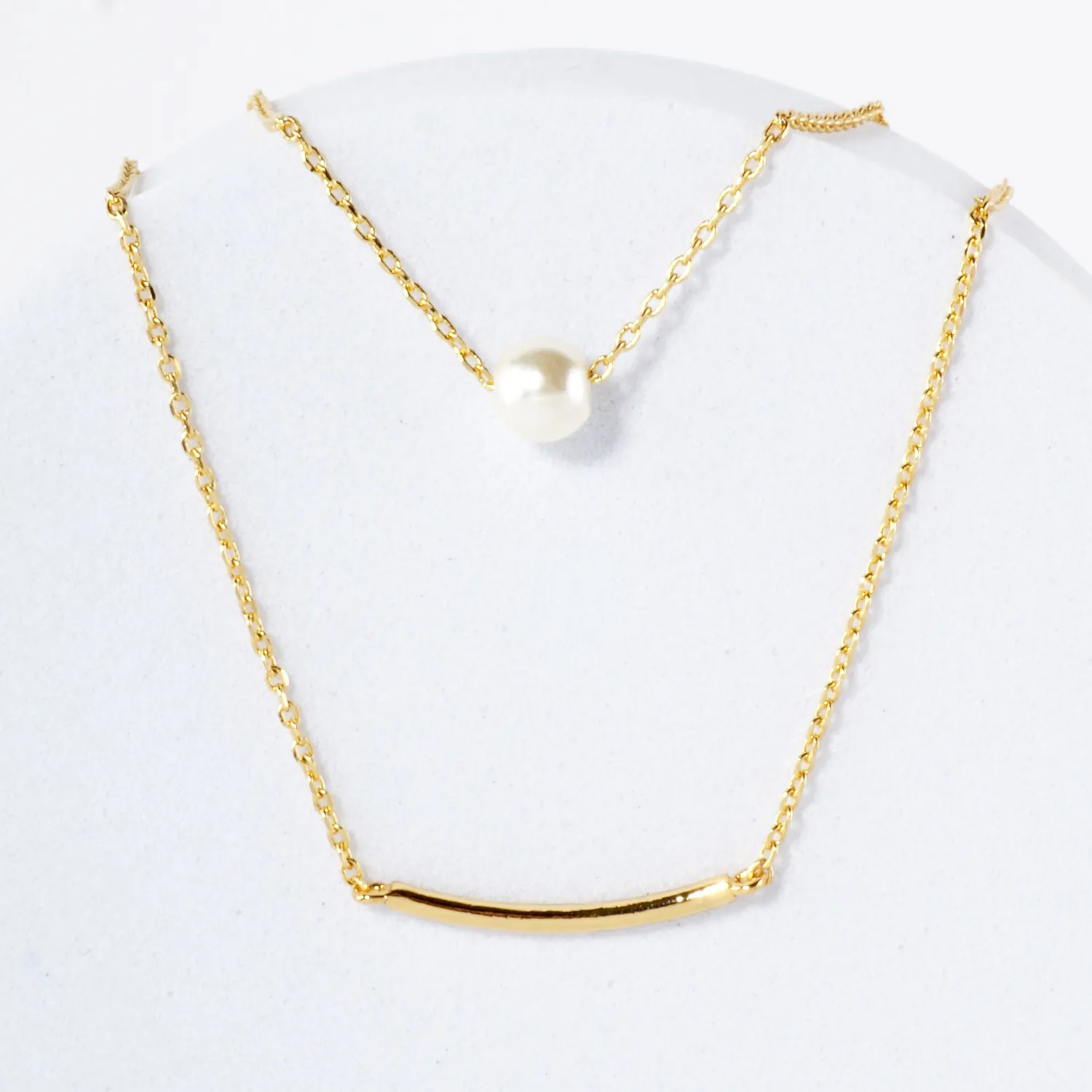 Pearl Curved Tube Brass Bar Pendant 18K-Gold-Dipped Layered Necklace