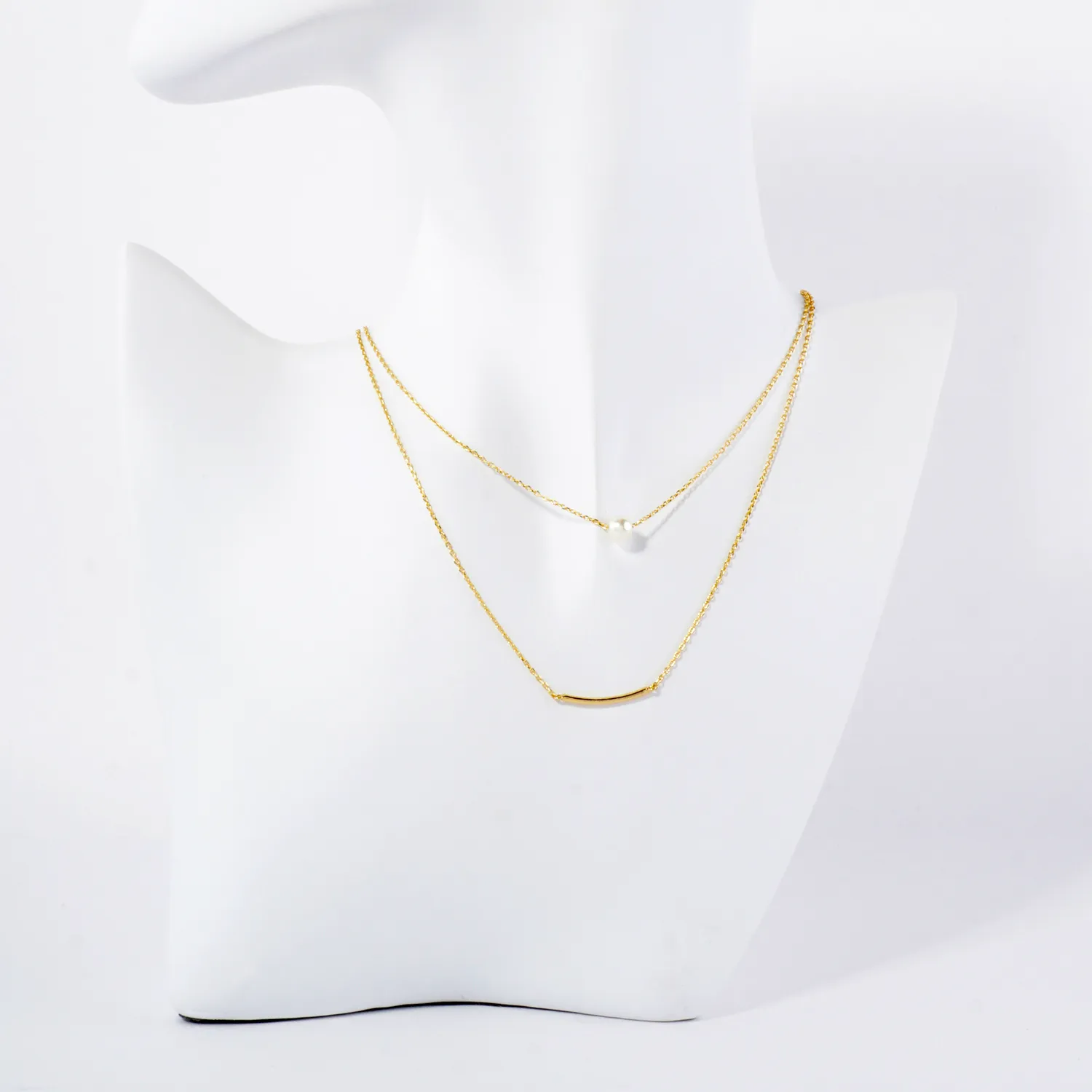 Pearl Curved Tube Brass Bar Pendant 18K-Gold-Dipped Layered Necklace