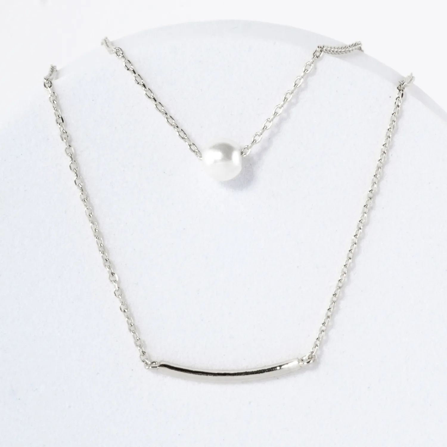 Pearl Curved Tube Brass Bar Pendant 18K-Gold-Dipped Layered Necklace