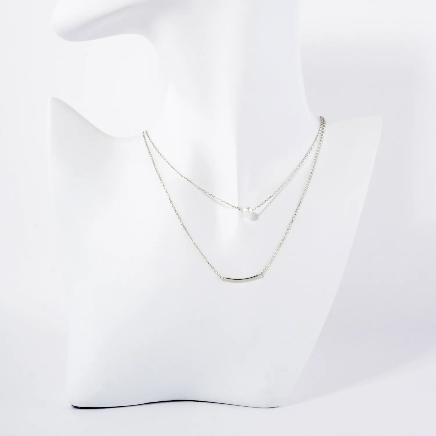 Pearl Curved Tube Brass Bar Pendant 18K-Gold-Dipped Layered Necklace