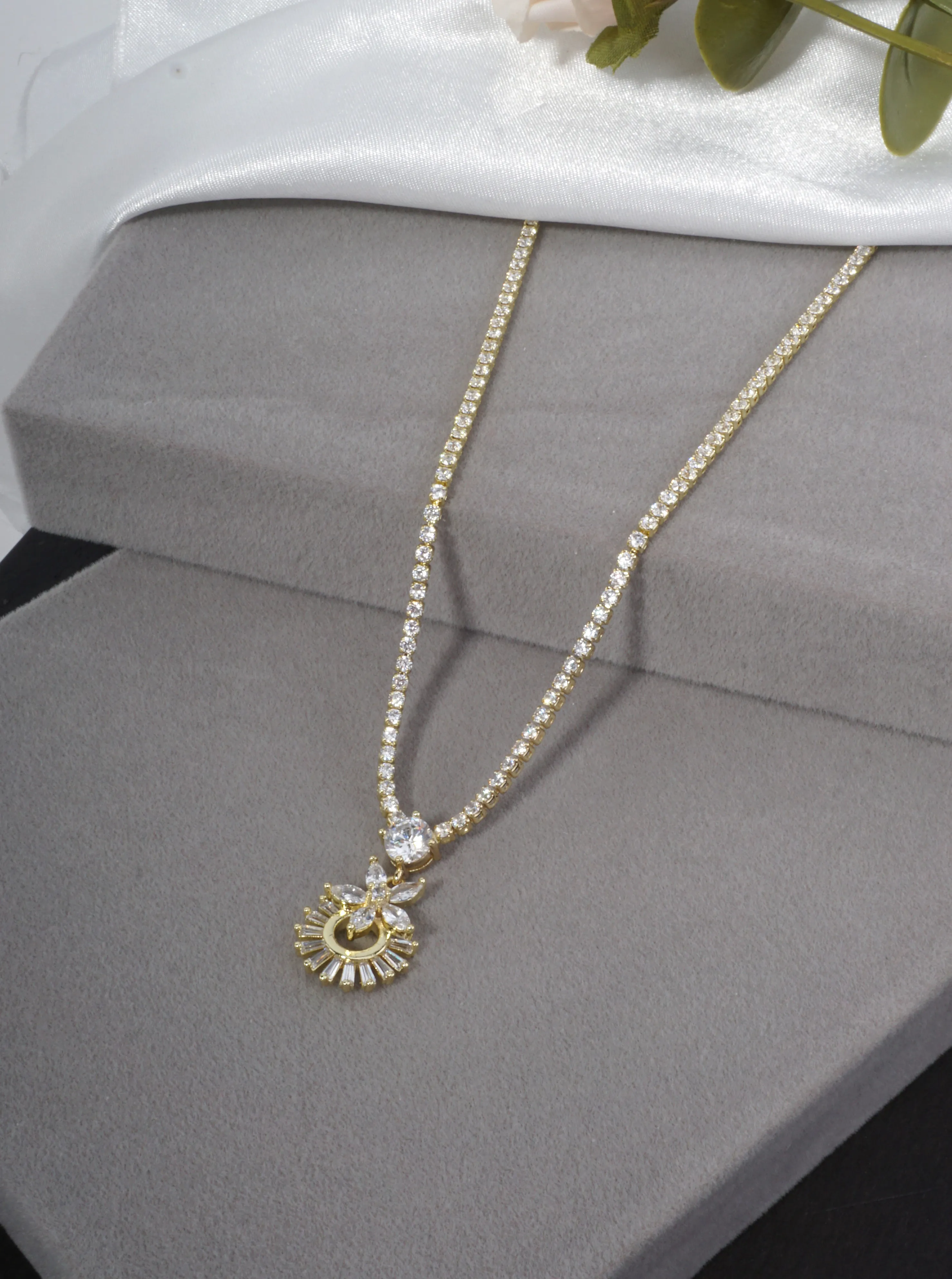 Cubic Zirconia Flower Tennis Necklace