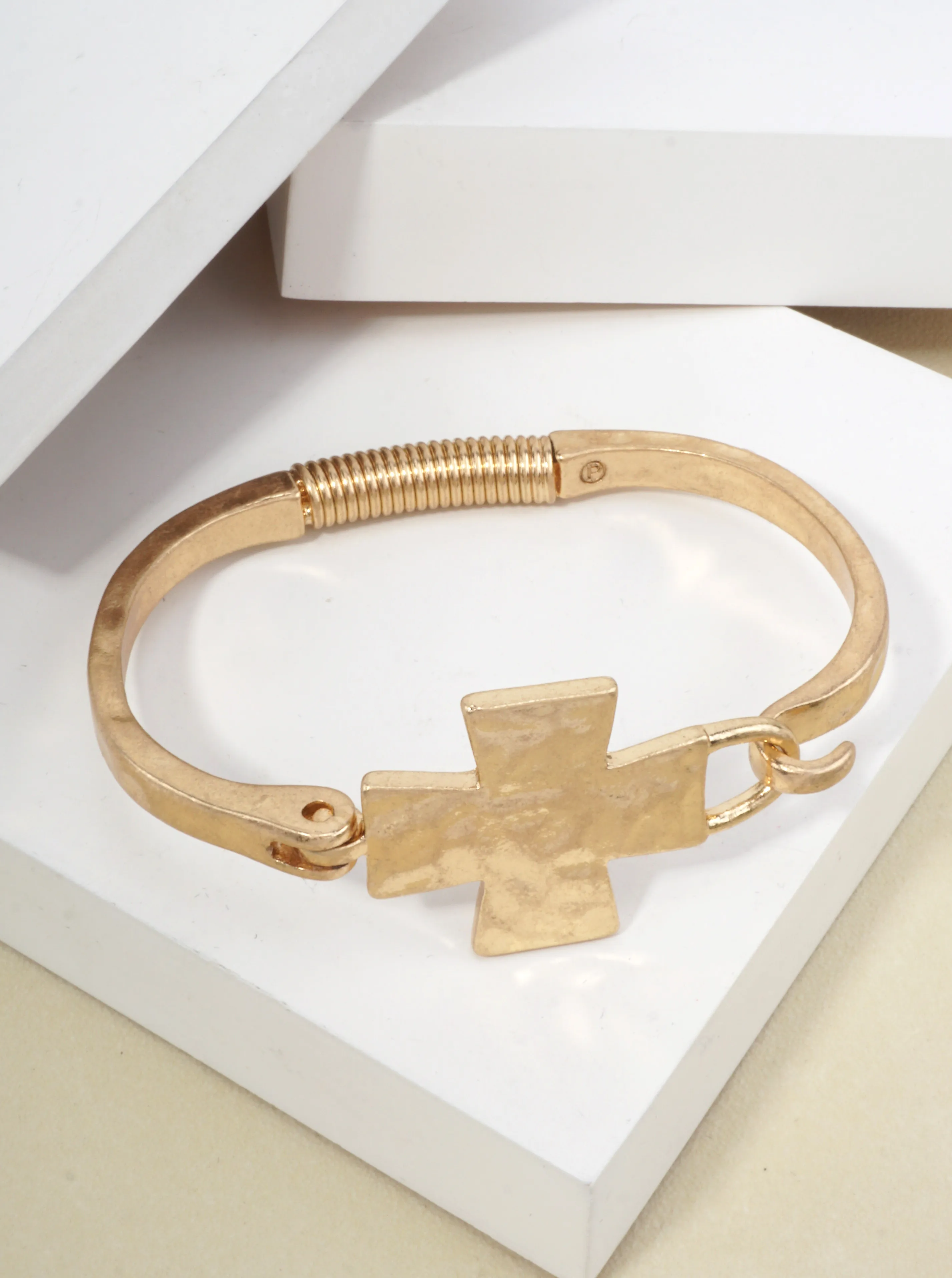 Solid Cross Hammered Bangle Cuff Bracelet WG