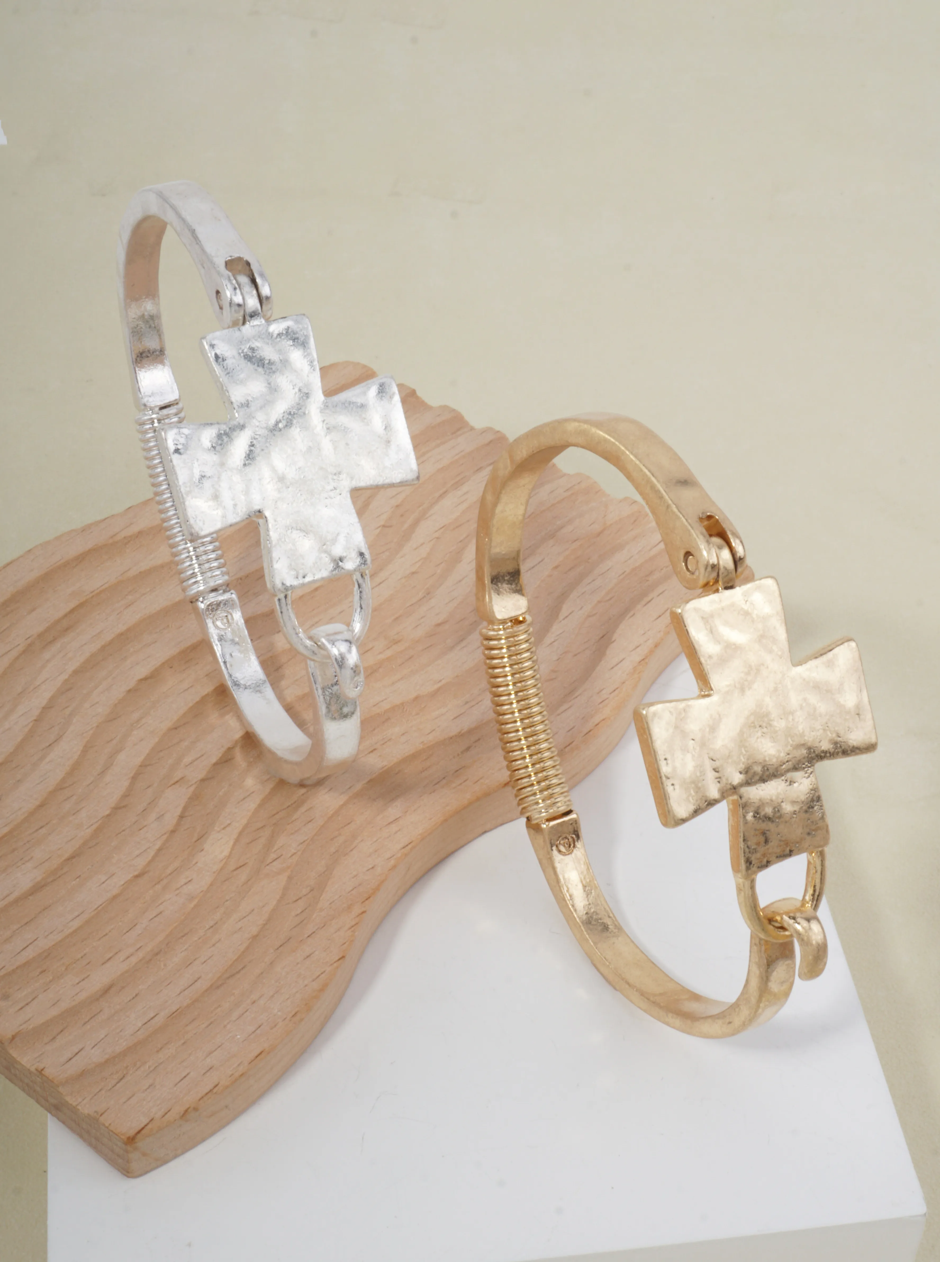 Solid Cross Hammered Bangle Cuff Bracelet WG