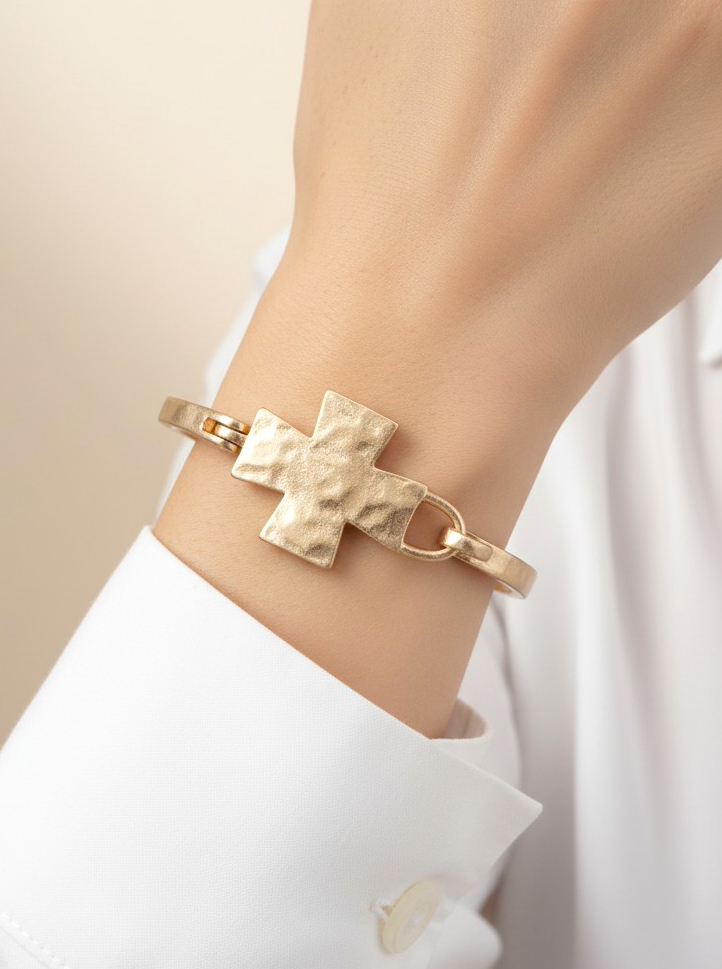 Solid Cross Hammered Bangle Cuff Bracelet WG