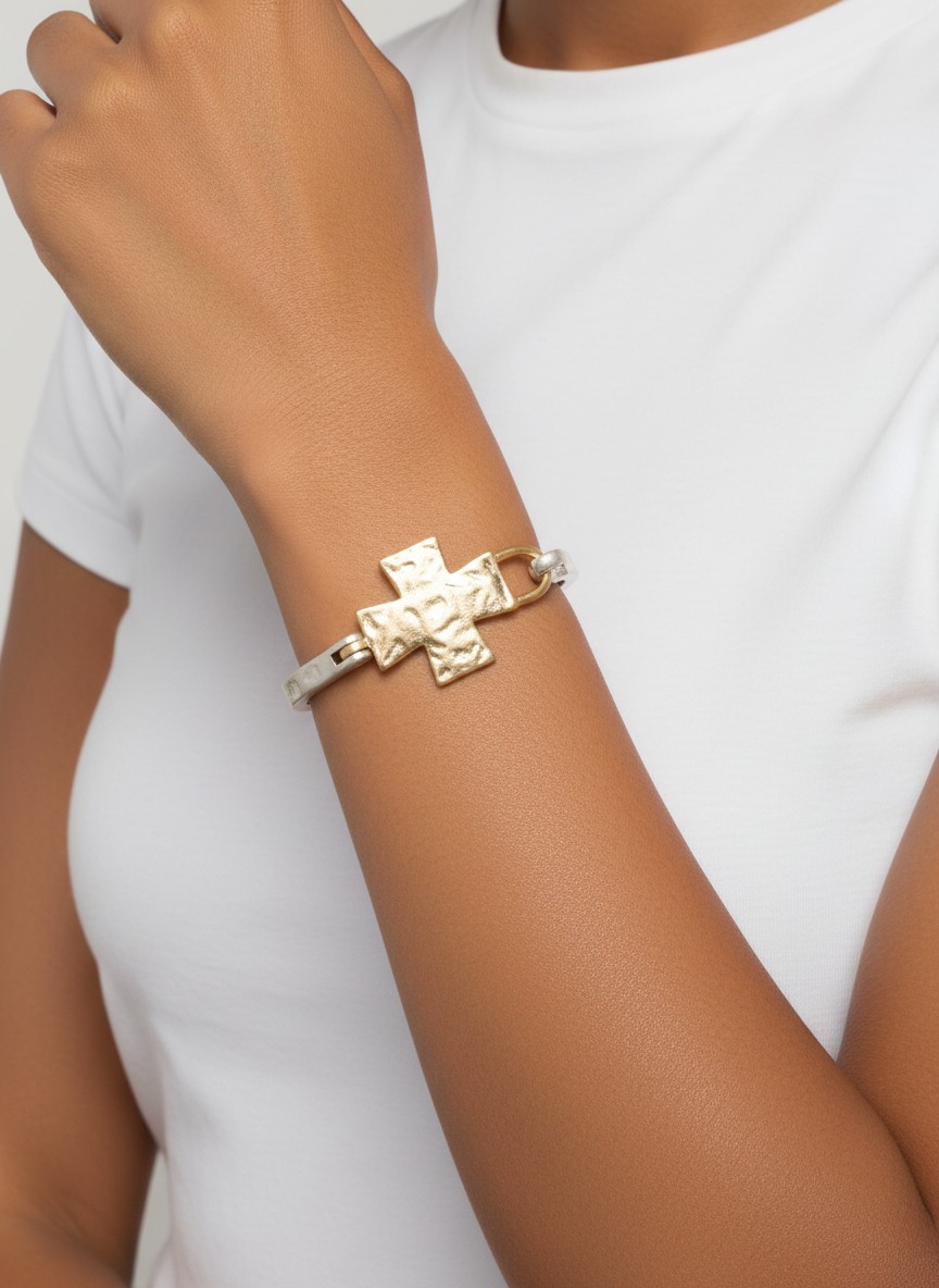 Solid Cross Hammered Bangle Cuff Bracelet WSWG