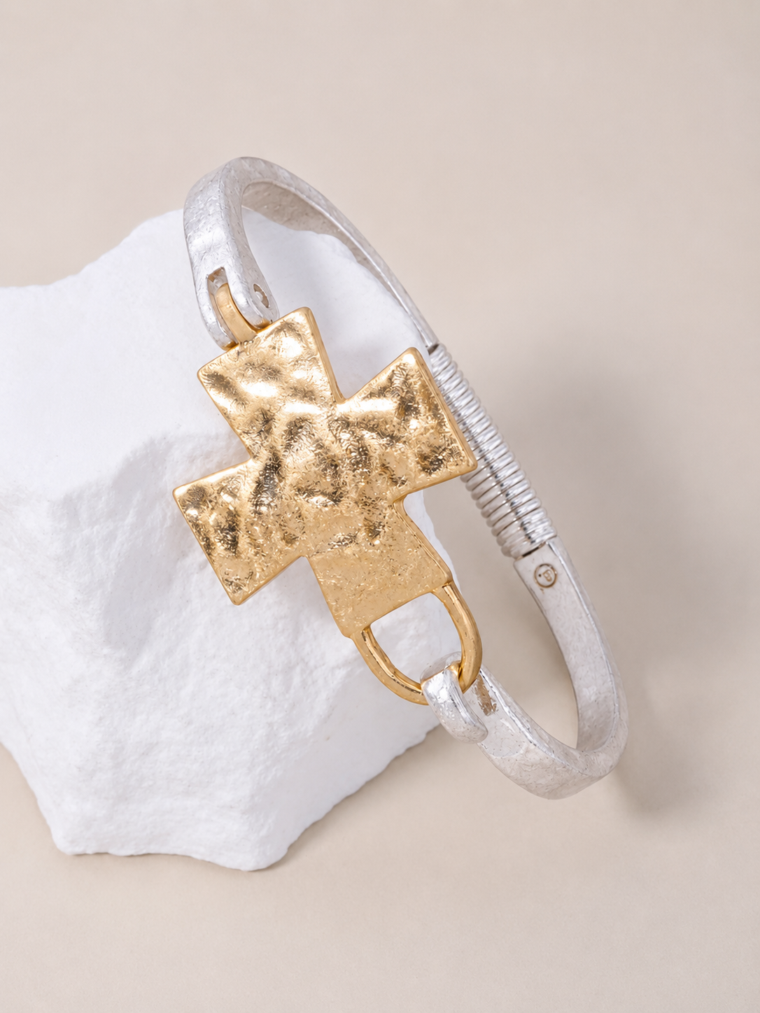 Worn Silver-Worn Gold Solid Cross Hammered Bangle Cuff Bracelet