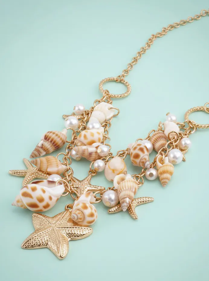 Coastal Shell & Starfish Charm Statement Necklace