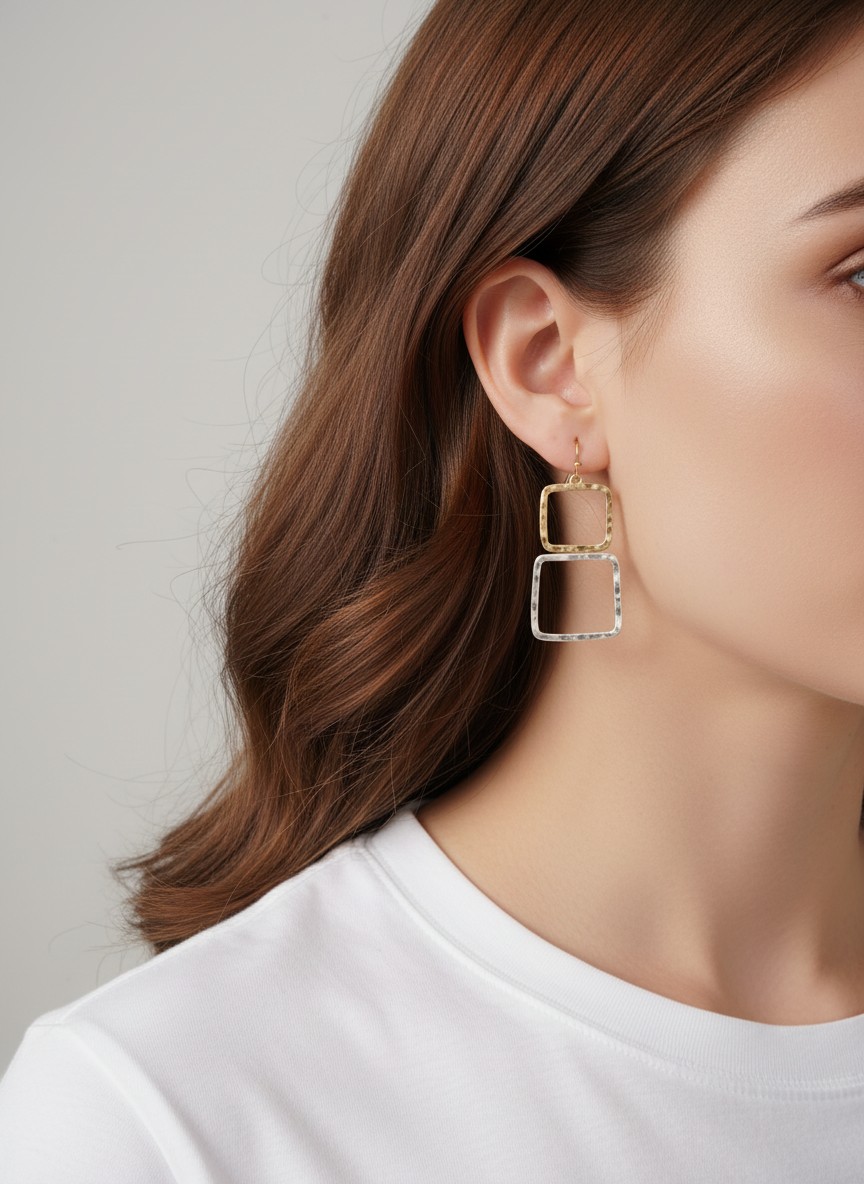 Two-Tone Geometric Square Dangle Earrings WGWS