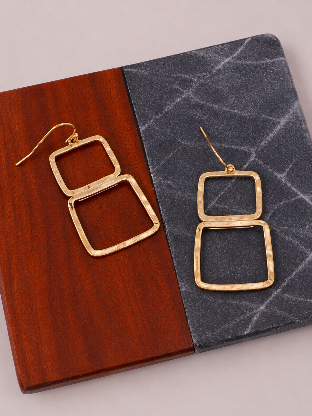 Worn Gold Two-Tone Geometric Square Dangle Earrings