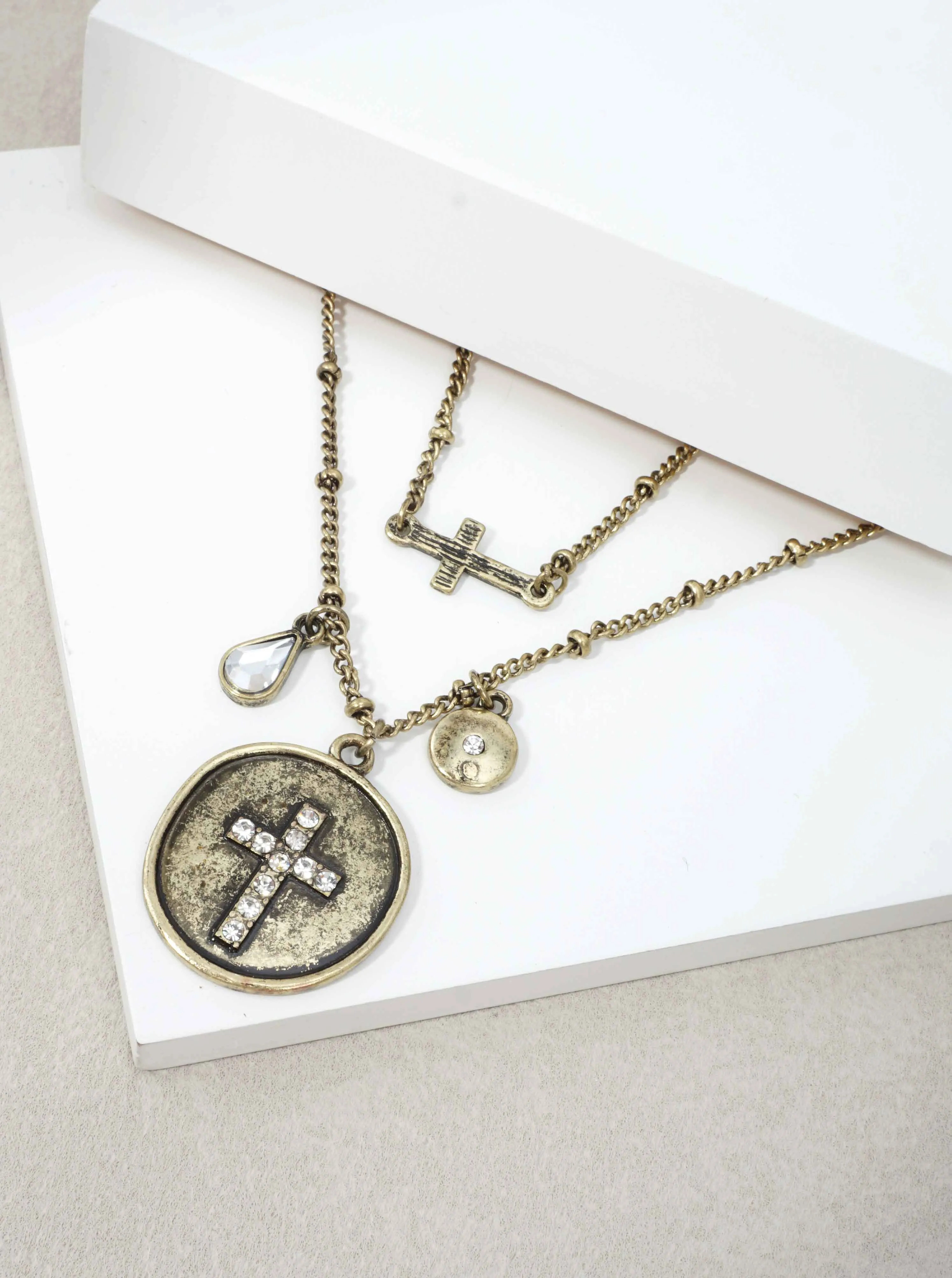 Patina Cross Layered Rhinestone Necklace