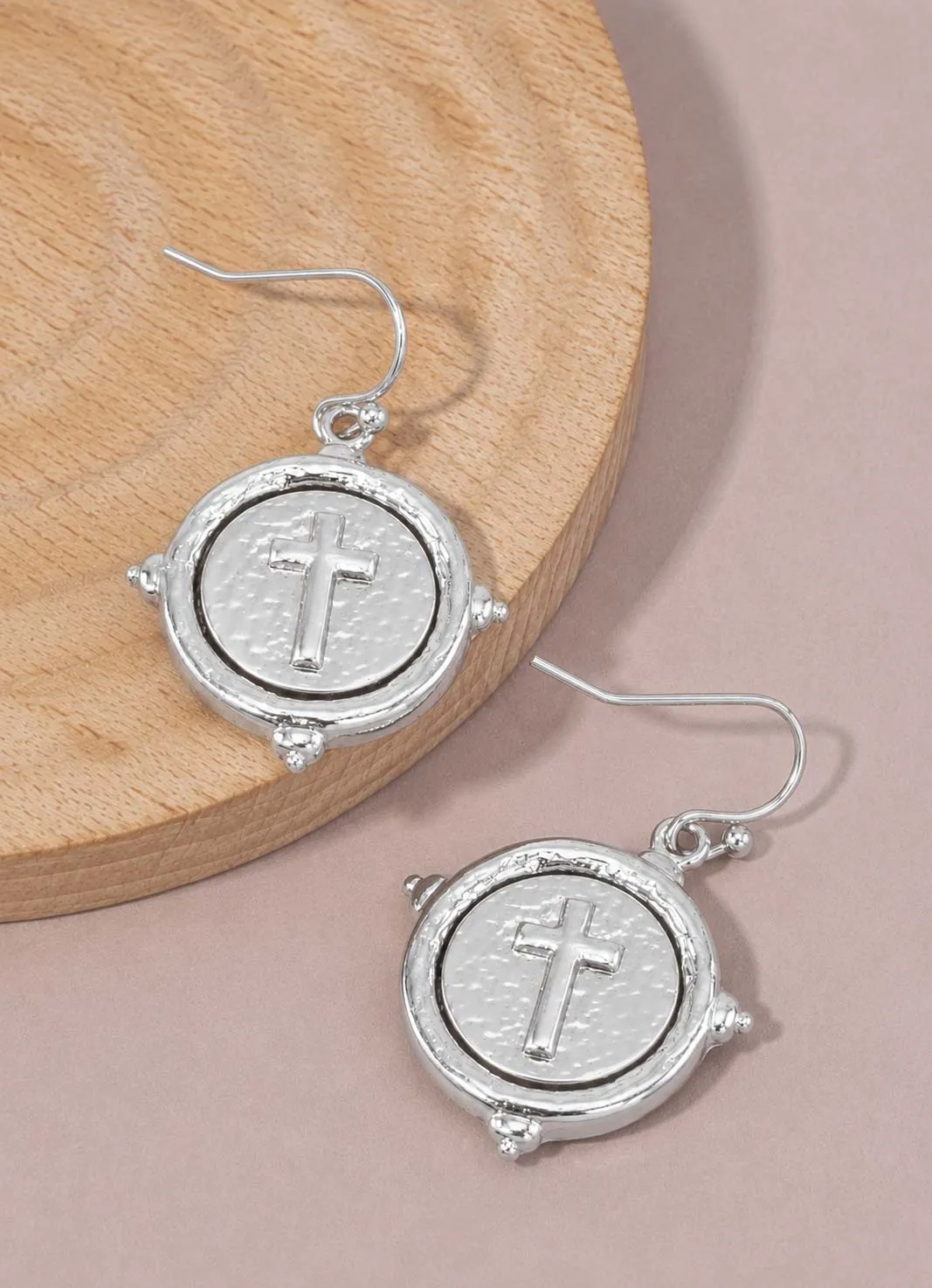 Hammered Cross Coin Dangle Earrings