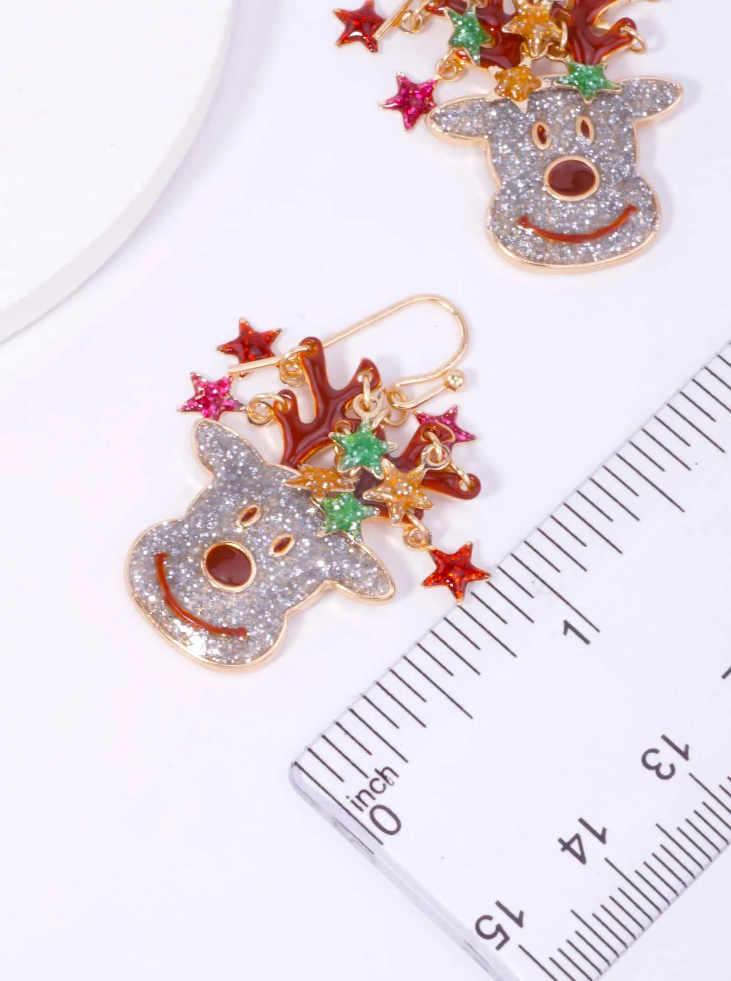 Glitter Enamel Reindeer Star Drop Earrings