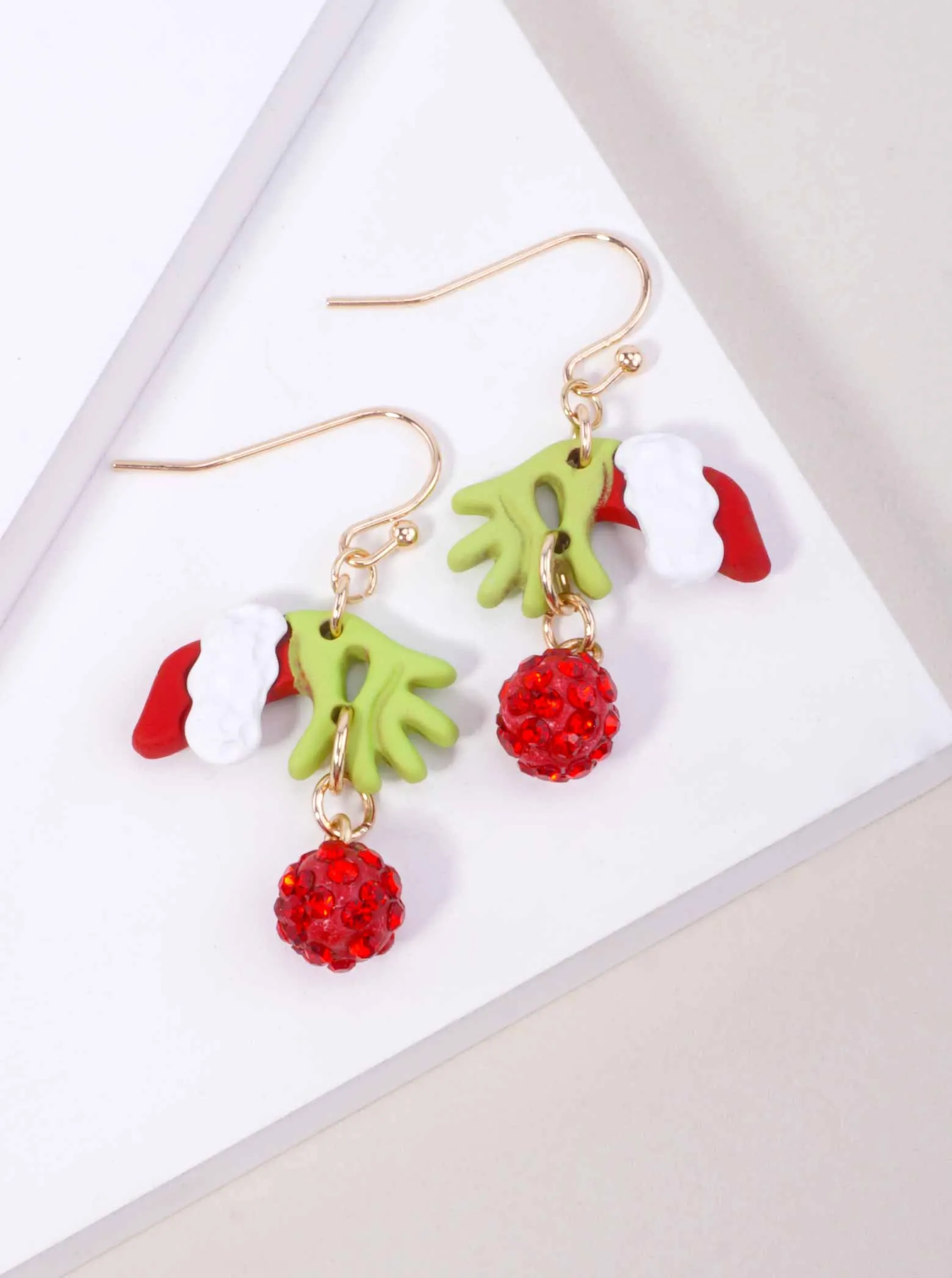 Resin Grinch Hand Pave Rhinestone Drop Earrings