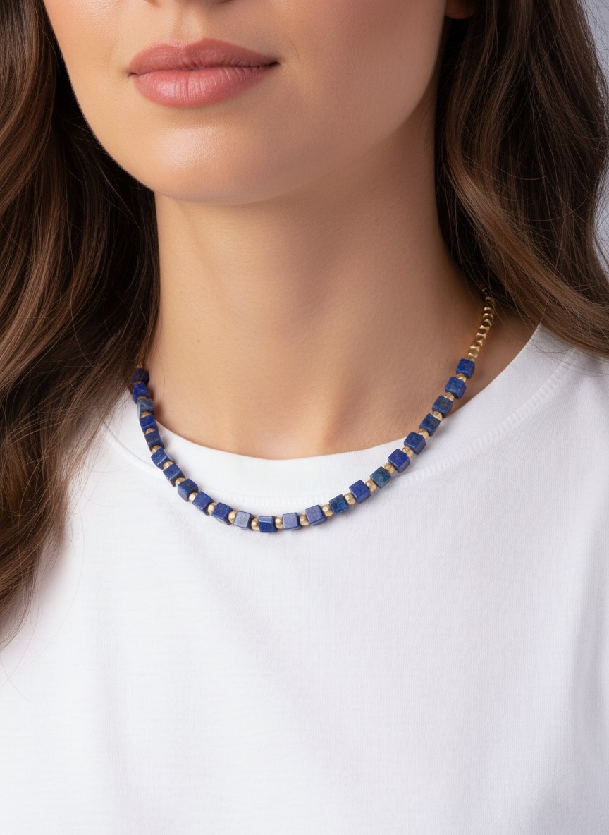 Metallic Bead & Square Marbled Stone Necklace BL