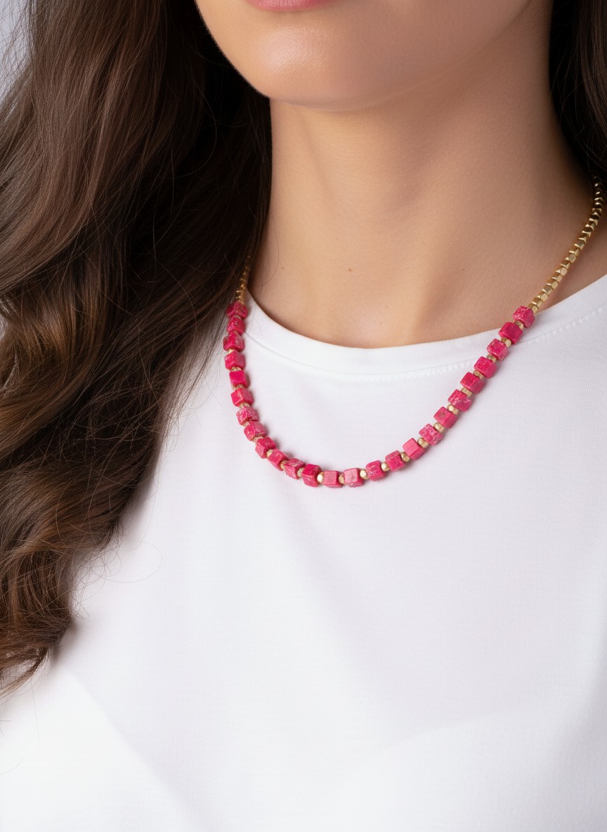 Metallic Bead & Square Marbled Stone Necklace PJ