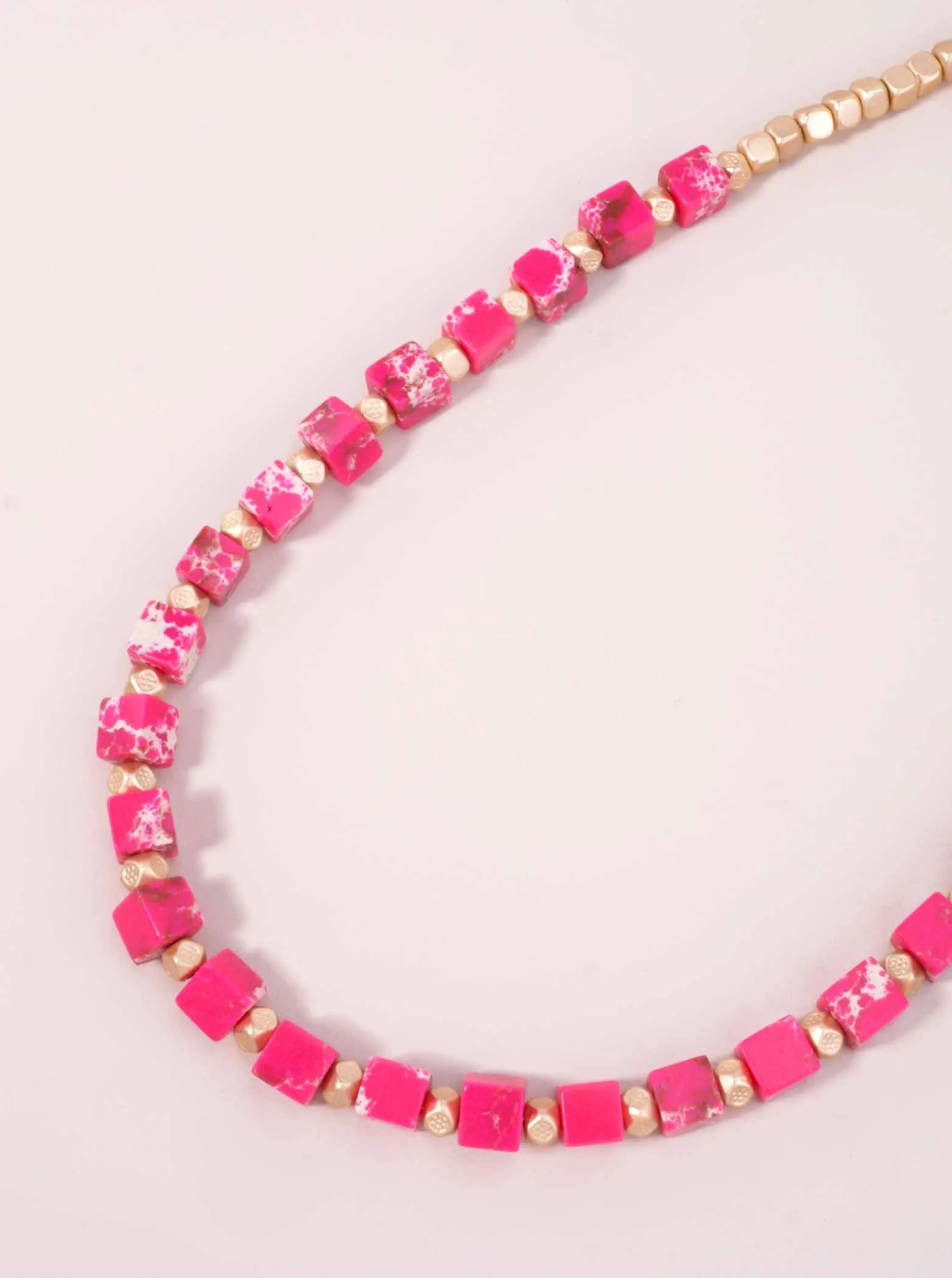 Pink Metallic Bead & Square Marbled Stone Necklace