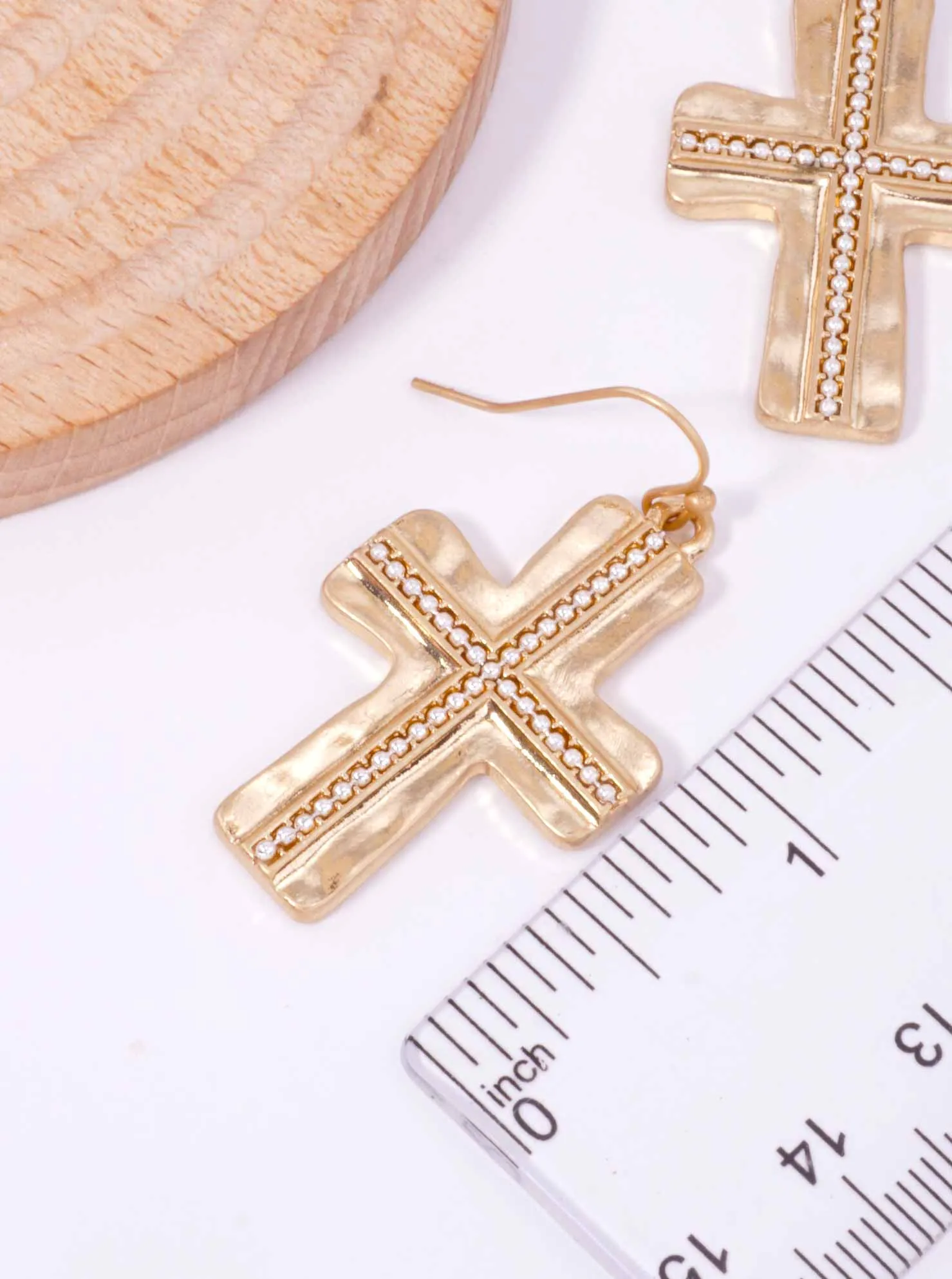 Matte Hammered Beaded Cross Drop Hook Earrings WGWS