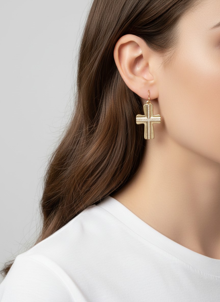 Matte Hammered Beaded Cross Drop Hook Earrings WGWS