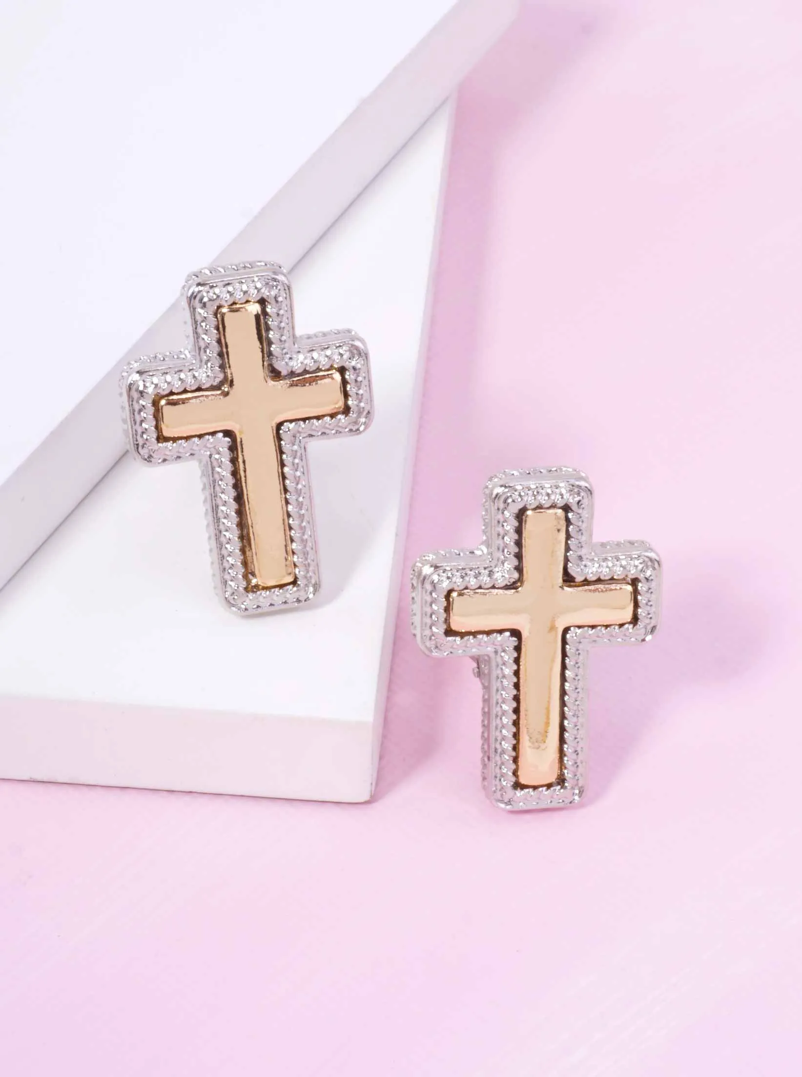 Two-Tone Polished Rope Cross Clip-on Earrings RHGD