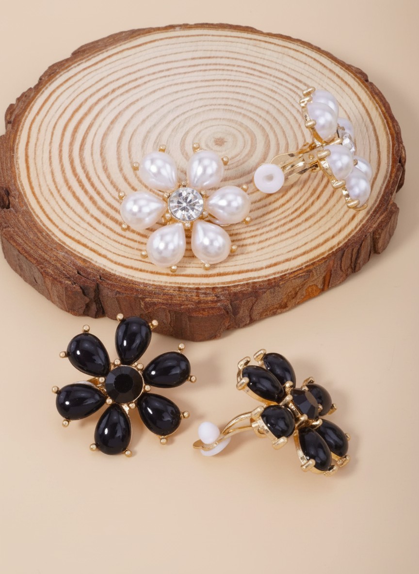 Pearlized Resin Rhinestone Flower Clip-On Earrings WGBK