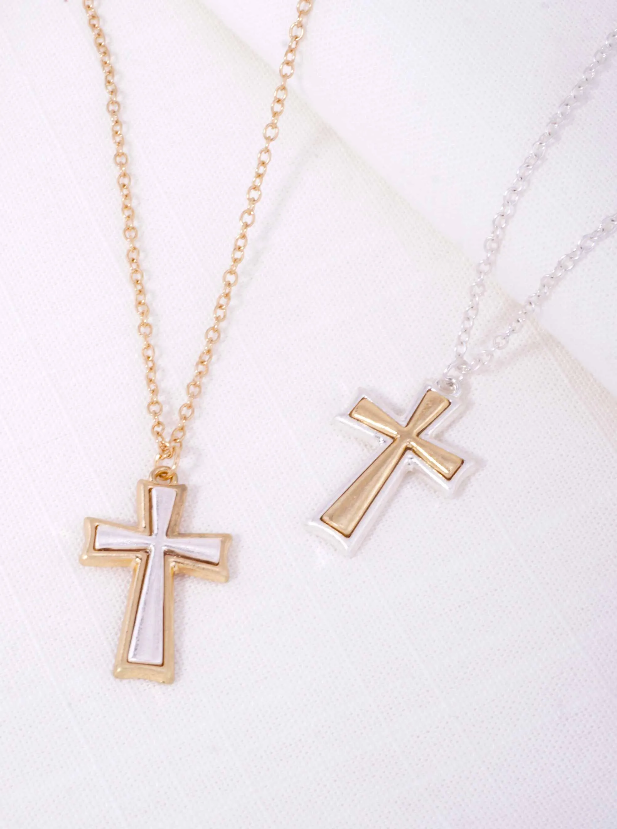 Two-Tone Matte Cross Pendant Matinee Necklace WGWS