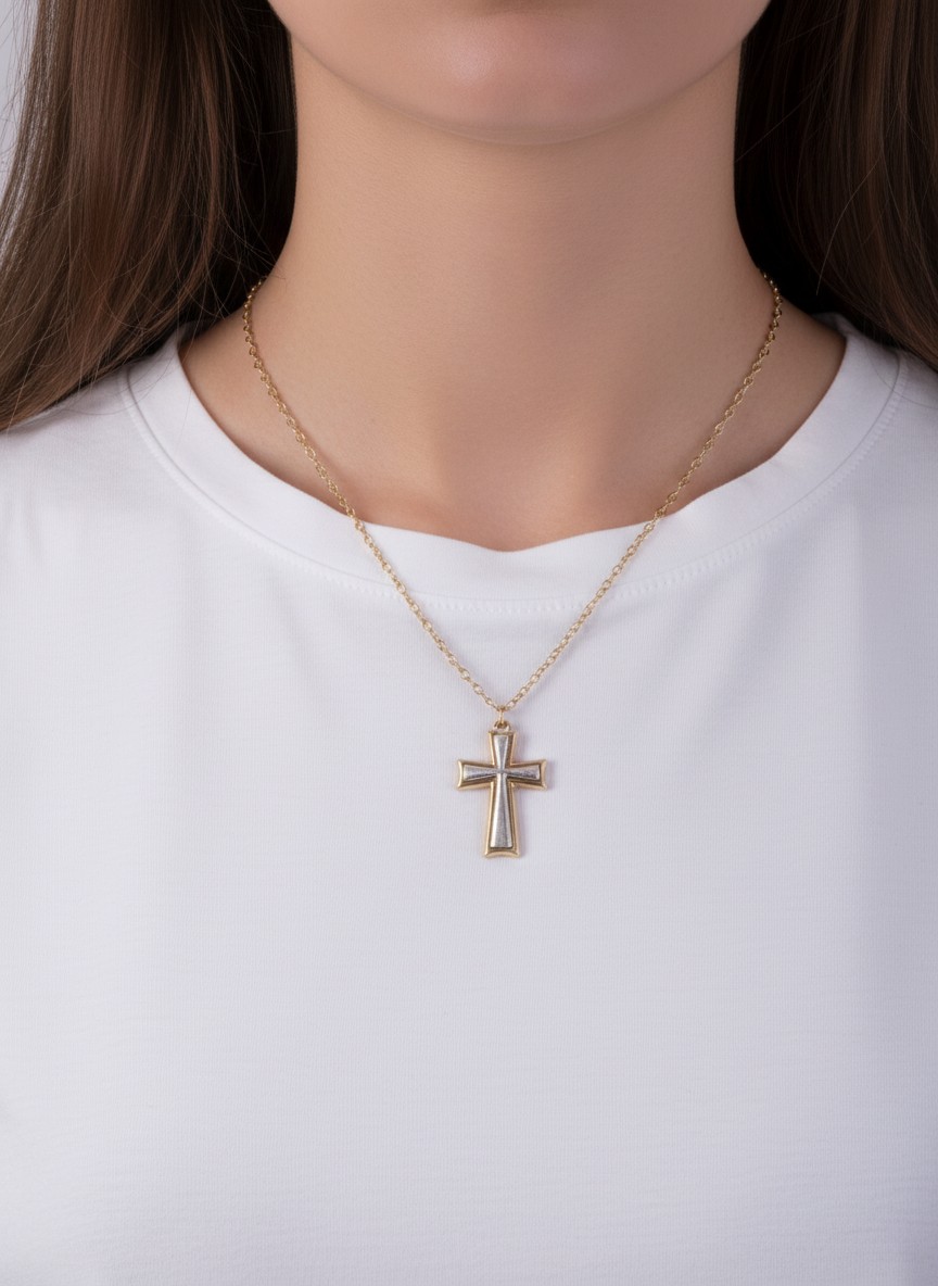 Two-Tone Matte Cross Pendant Matinee Necklace WGWS