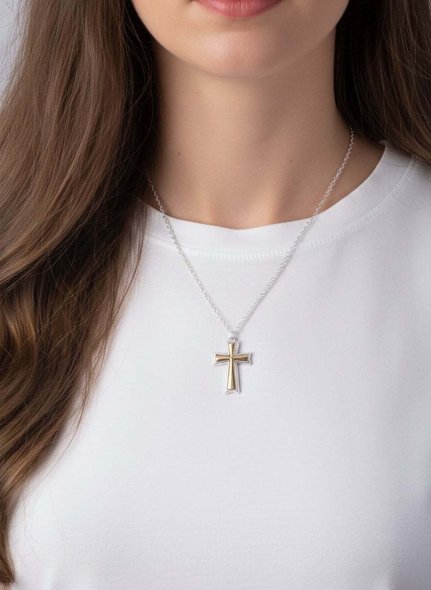 Two-Tone Matte Cross Pendant Matinee Necklace WSWG