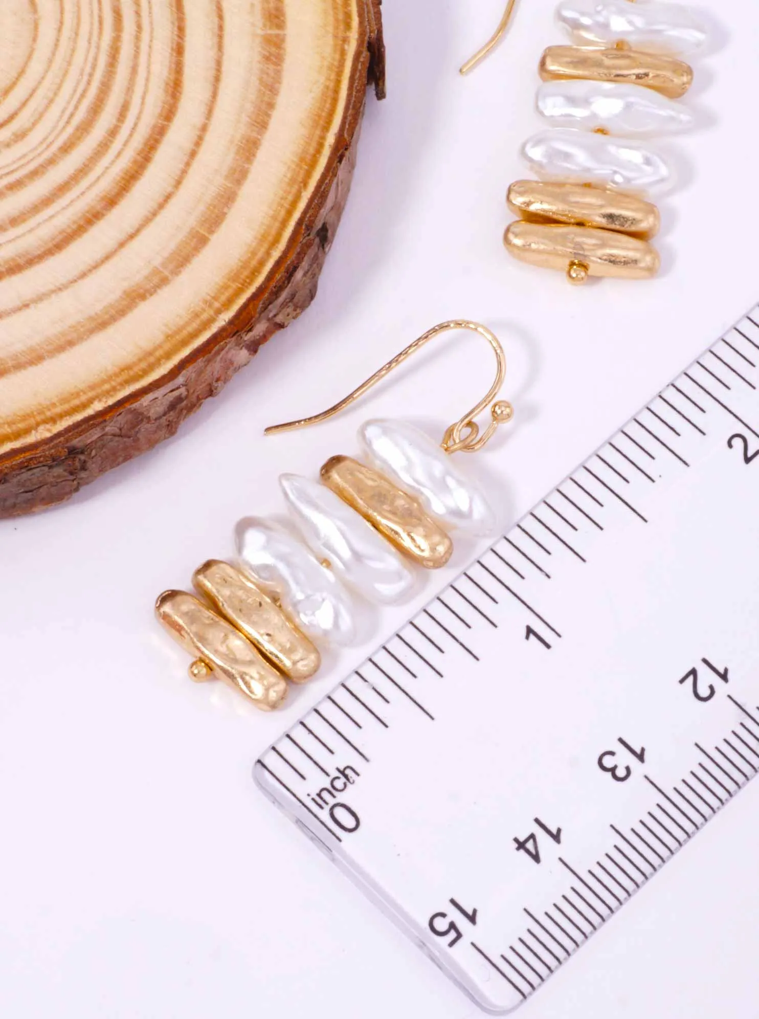 Pearl Irregular Hammered Bar Drop Hook Earrings WGPR
