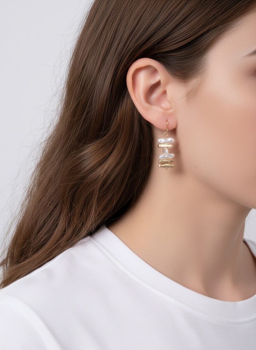 Pearl Irregular Hammered Bar Drop Hook Earrings WGPR